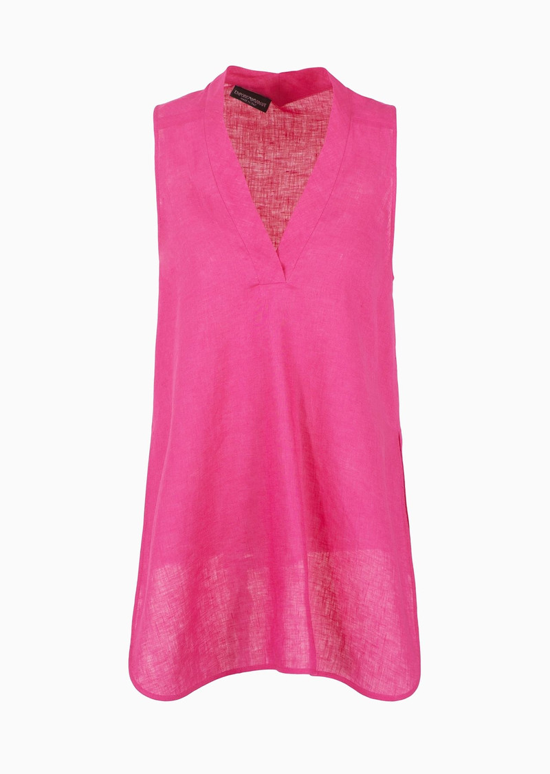 Oversized V-neck top in linen with asymmetric hem 1