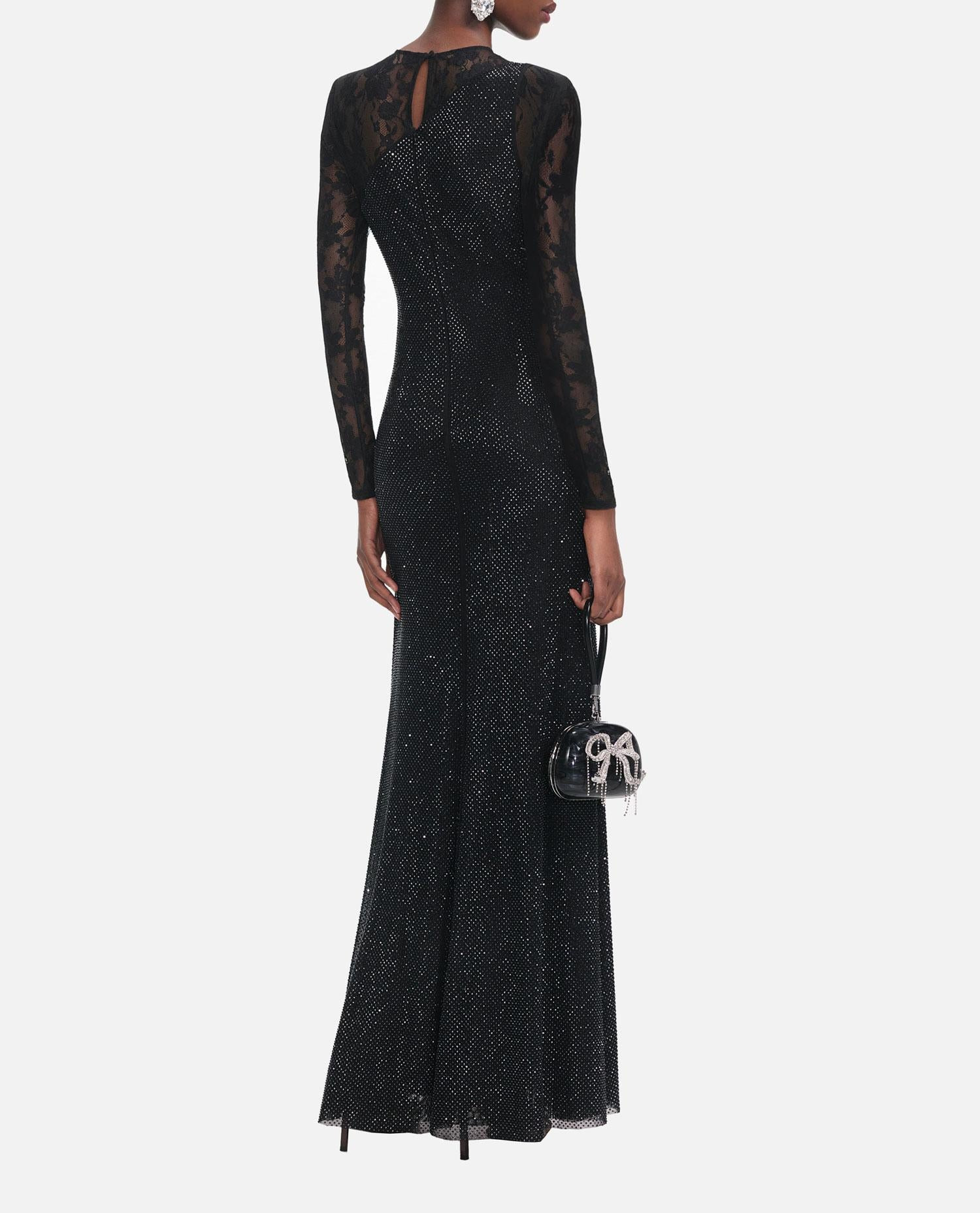 BLACK RHINESTONE LACE SLEEVES MAXI DRESS - 4