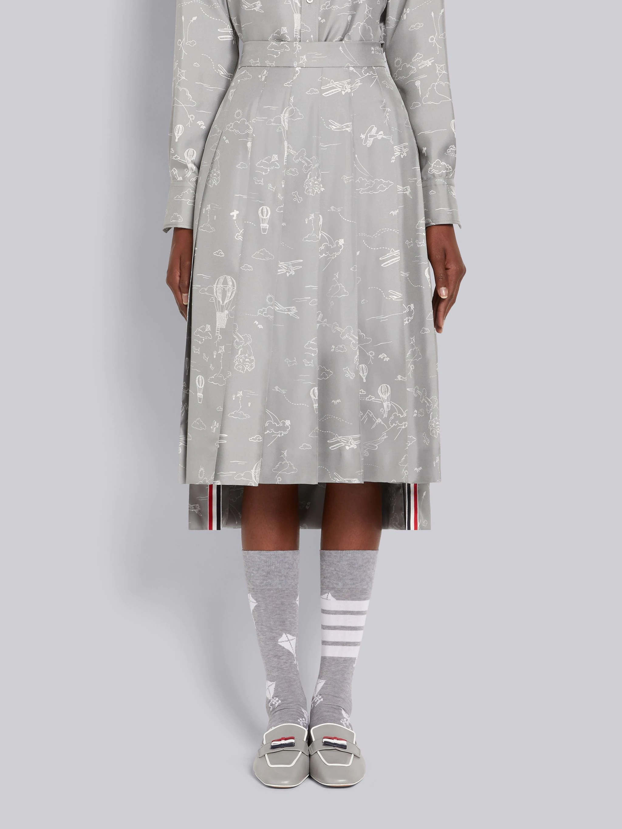 Medium Grey Sky Toile Printed Silk Twill Dropped Back Pleated Below the Knee Skirt - 1
