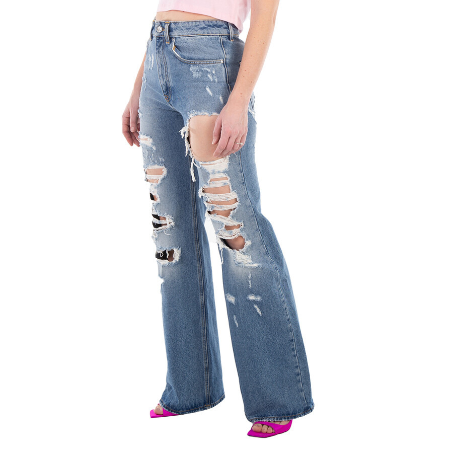 Rabanne Ladies Blue Ripped-Detailing Cotton Wide-Leg Jeans - 3
