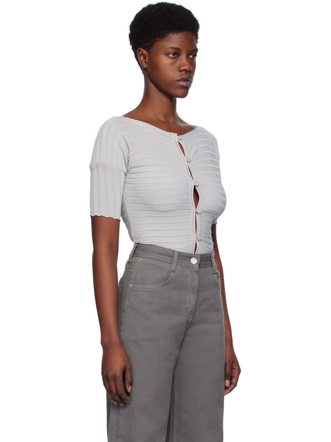 Gray Boat Neck Cardigan - 2