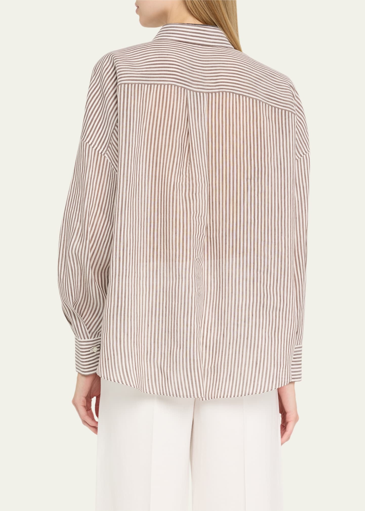 Stripe Button Down Linen Shirt with Piping Collar - 3