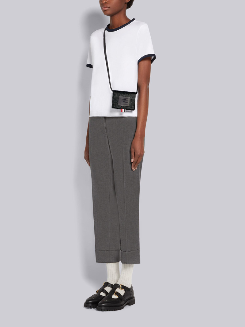 Black Pebble Grain Leather Tonal 4-Bar Brass Label Bifold Cardholder With Shoulder Strap 5