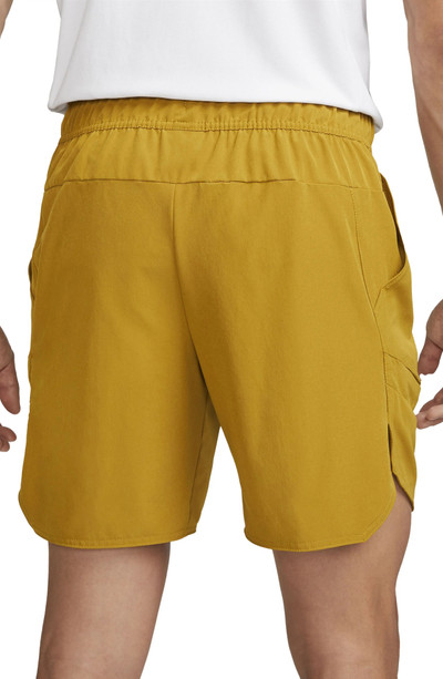 Nike Court Dri-FIT Advantage 7" Tennis Shorts in Bronzine/Lime/White outlook