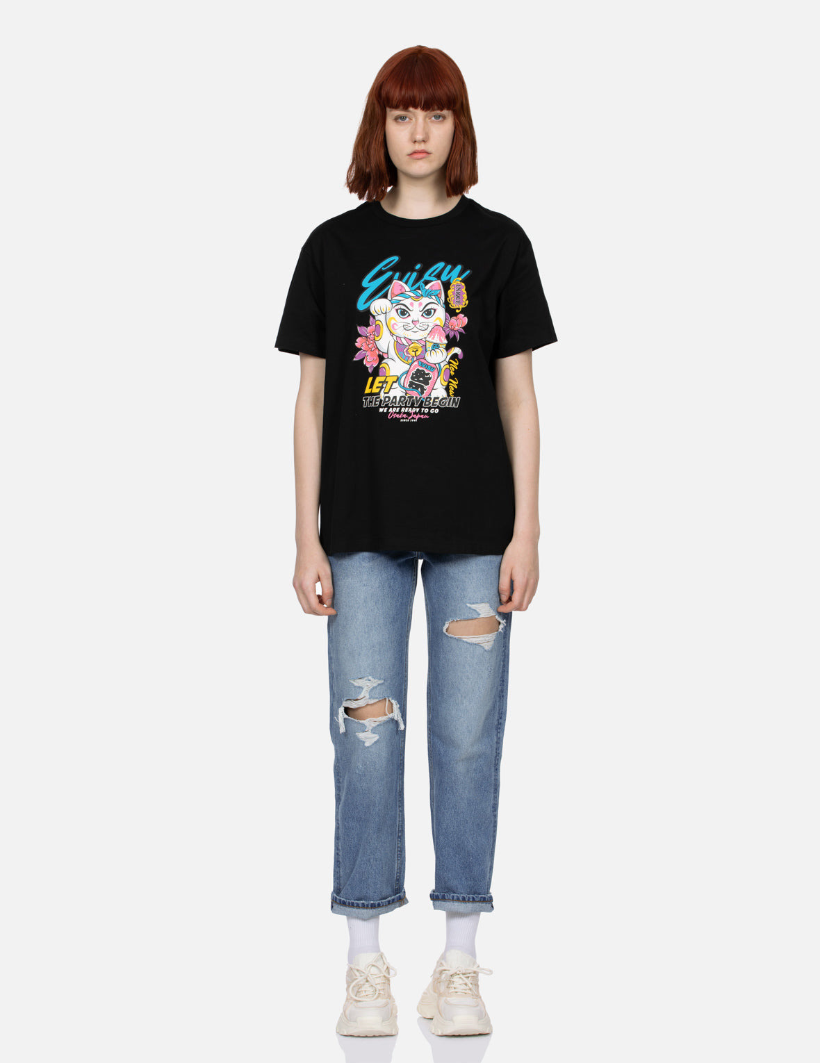 FORTUNE CAT AND FLORAL PRINT BOYFRIEND T-SHIRT - 5