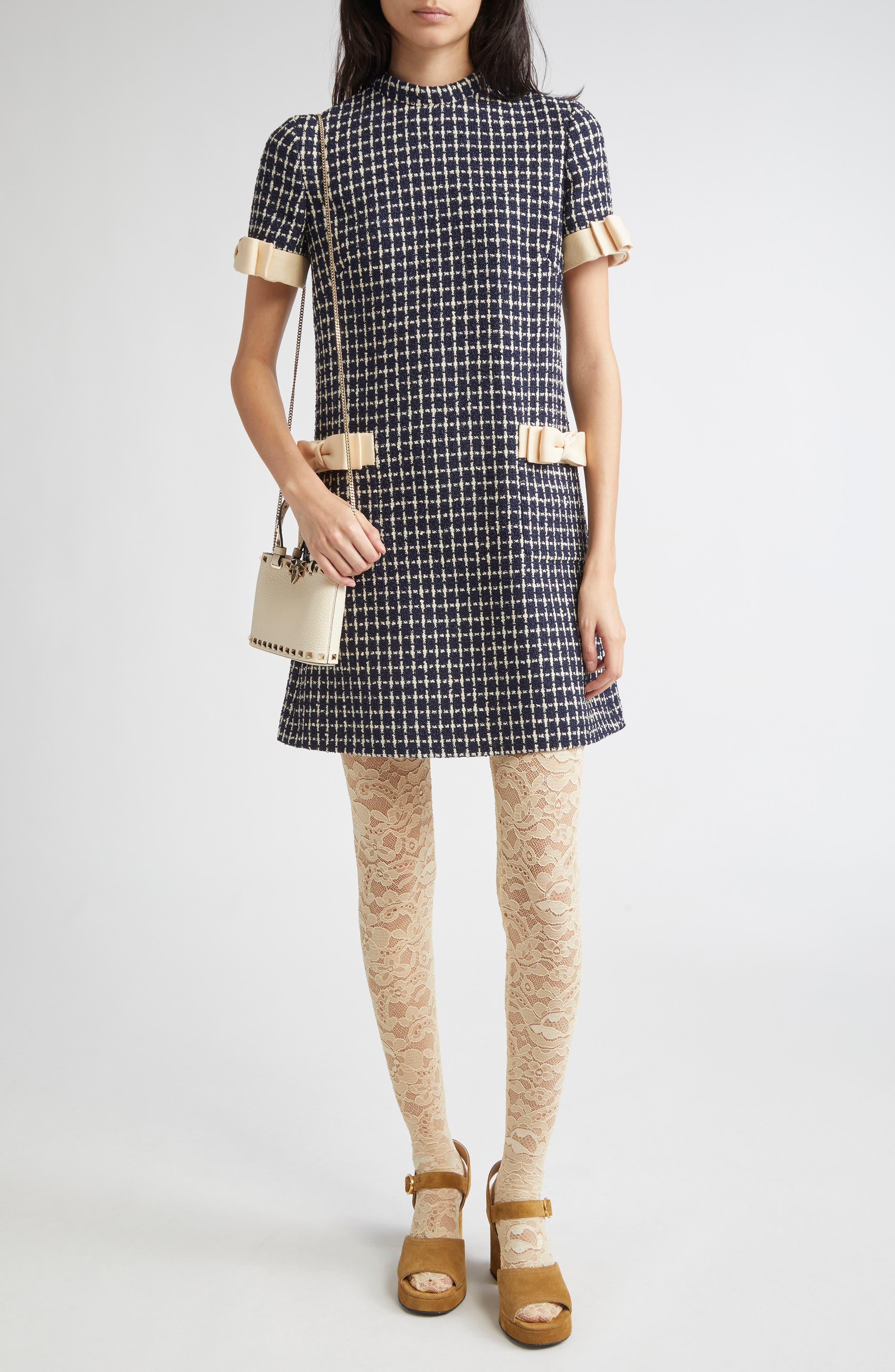 Valentino Garavani Bow Detail Wool & Silk Bouclé Dress in White/Navy at Nordstrom - 1