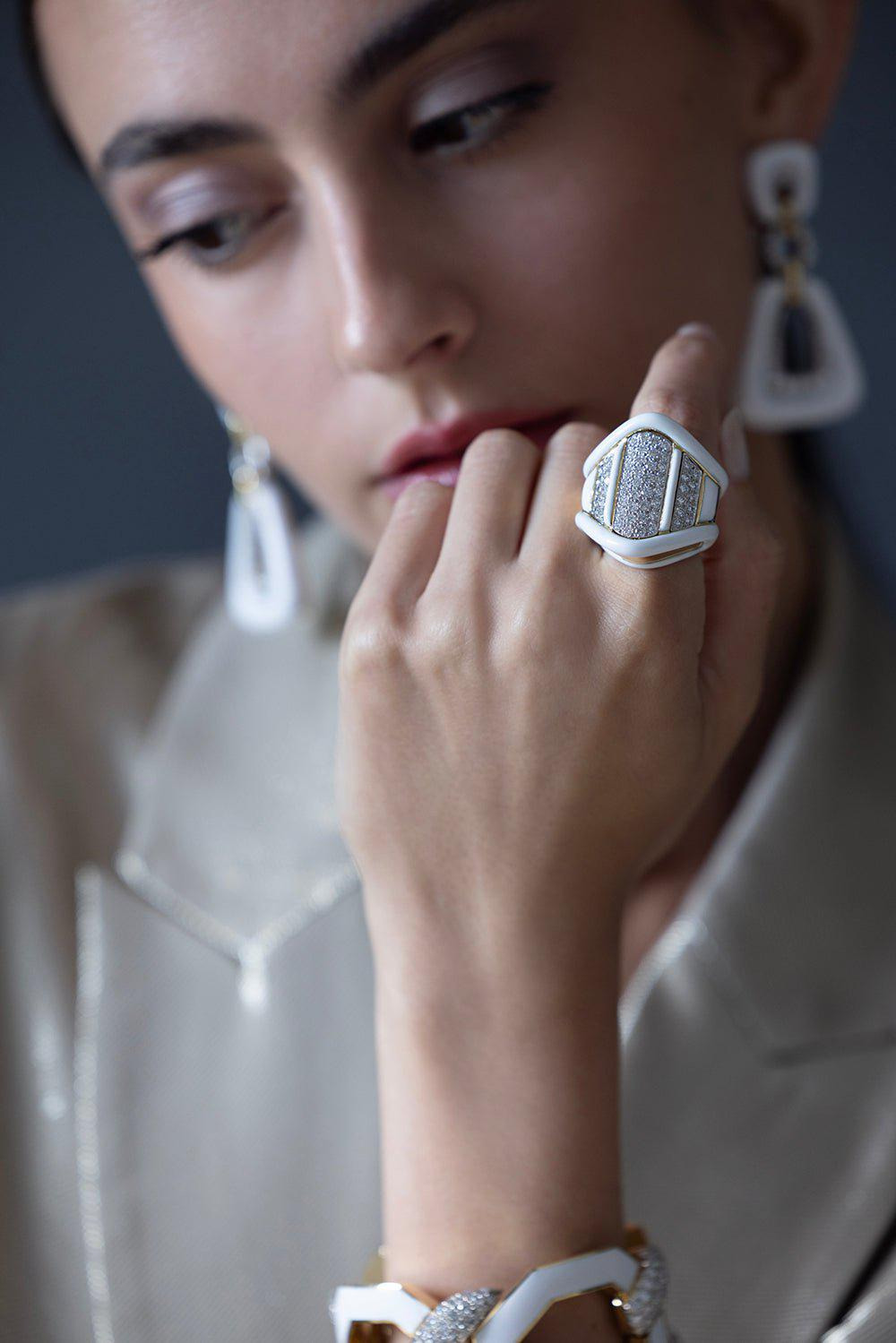 White Enamel and Diamond Ring - 2