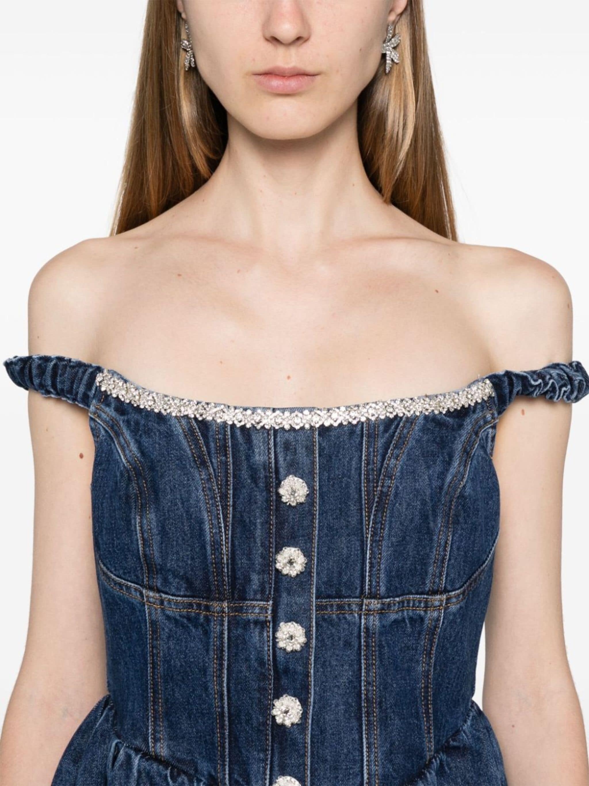 gem-embellished denim mini dress - 5