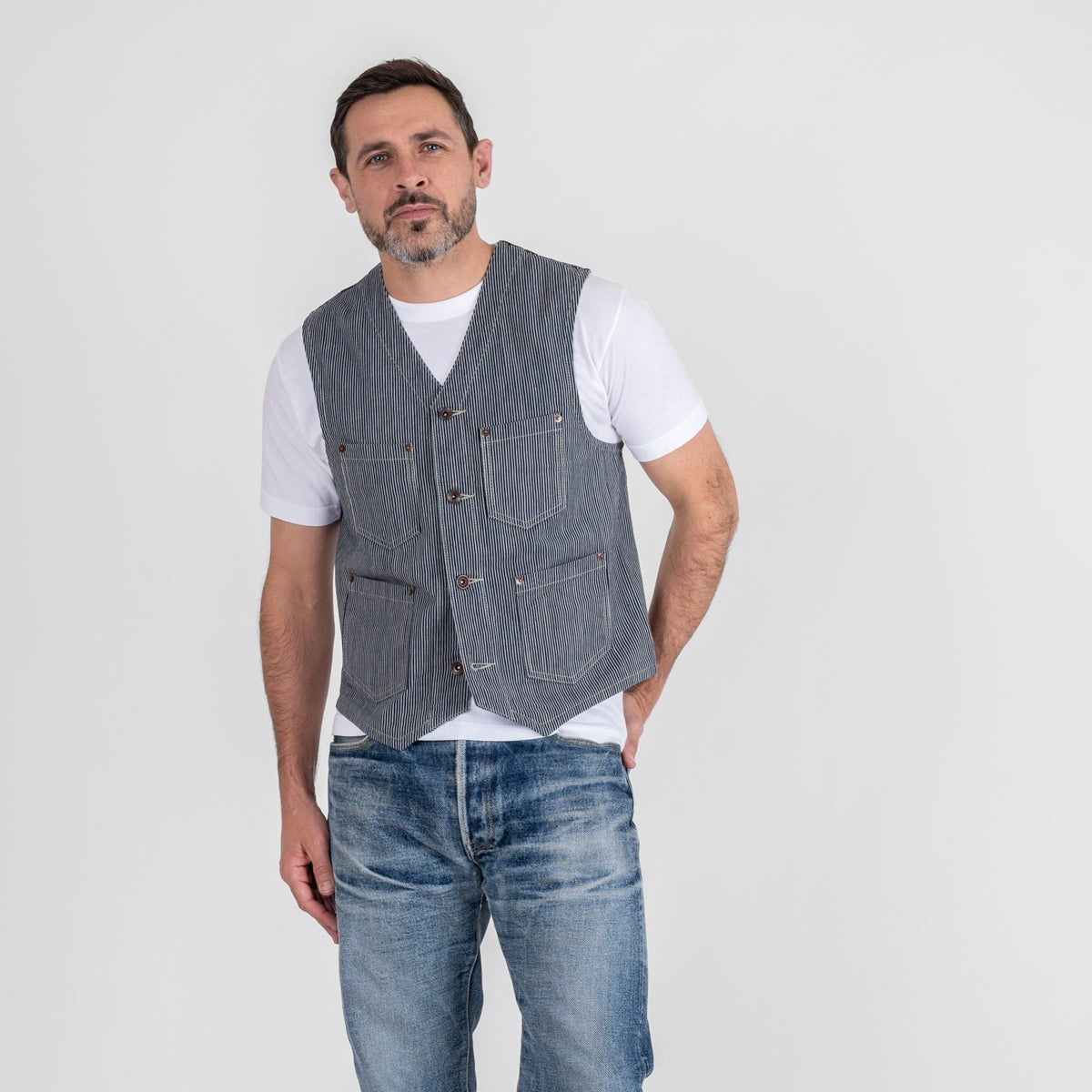 IHV-47-IND 10.5oz Narrow Stripe Hickory Work Vest - Indigo - 2
