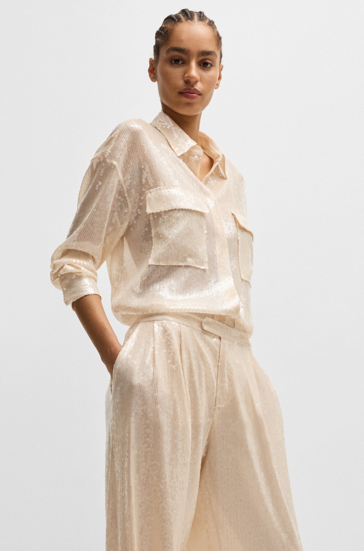 STRAIGHT-FIT TROUSERS IN SEQUINNED STRETCH FABRIC - 5