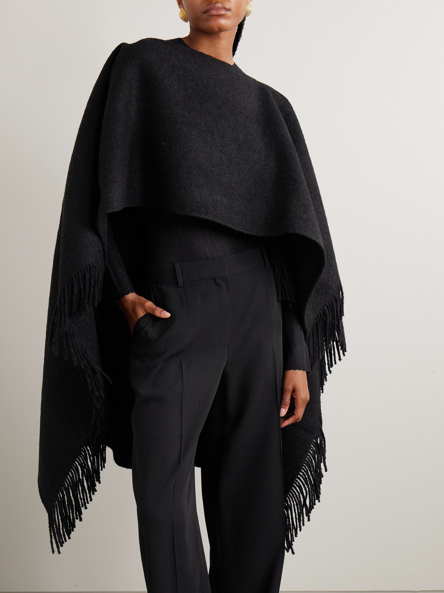 Fringed wool-blend poncho Black - 2