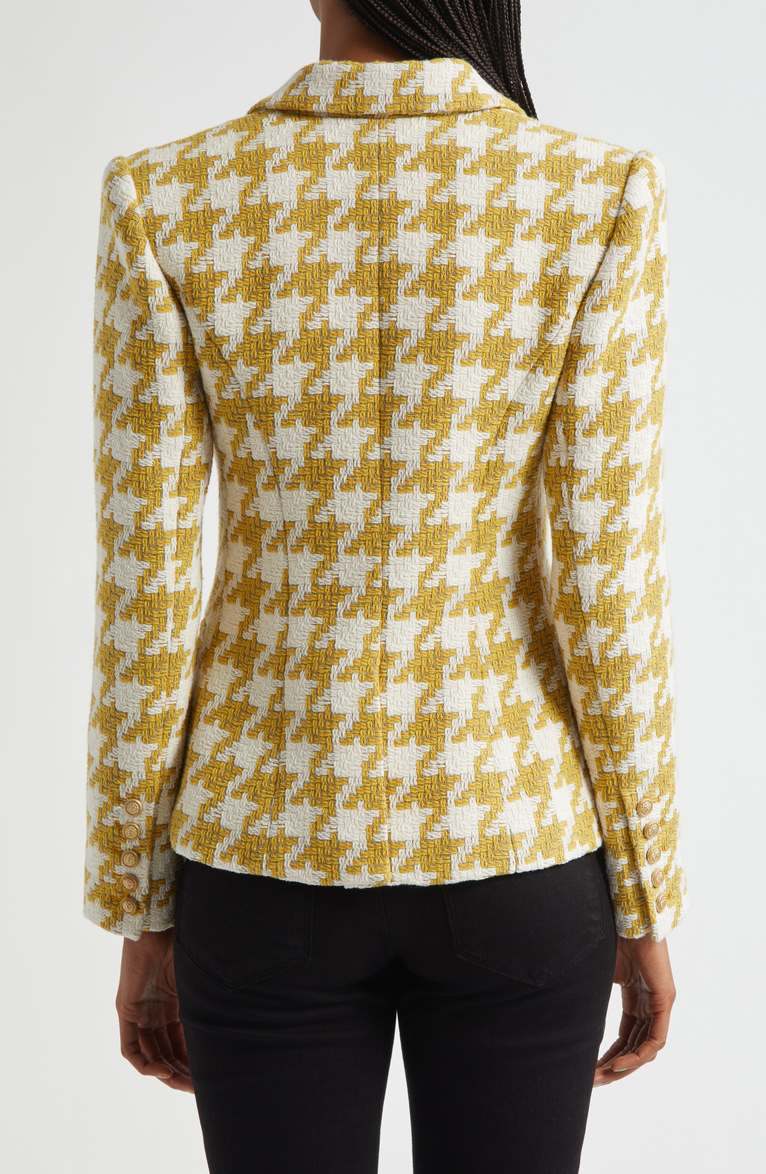 L'AGENCE Marie Houndstooth Tweed Double Breasted Blazer in Ceylon Yellow Houndstooth at Nordstrom - 3