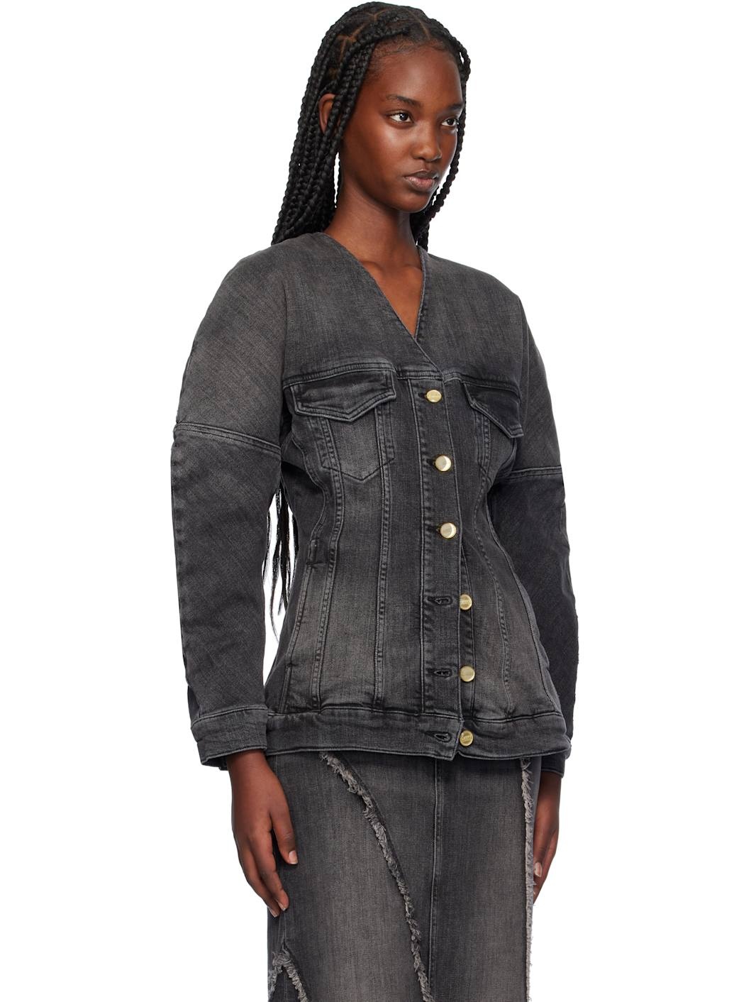 Black Collarless Denim Jacket - 2