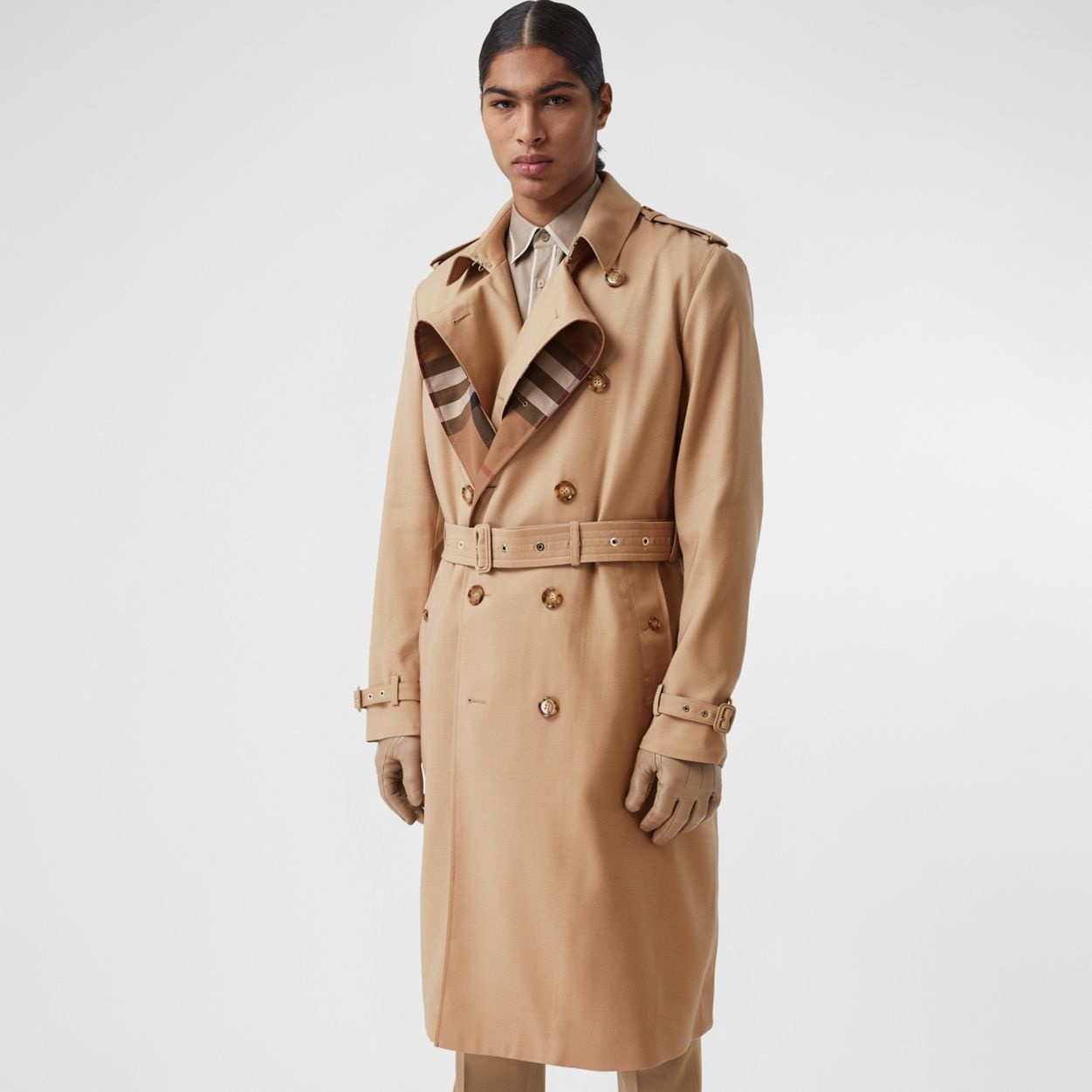 Wool Silk and House Check Loop-back Trench Coat - 7