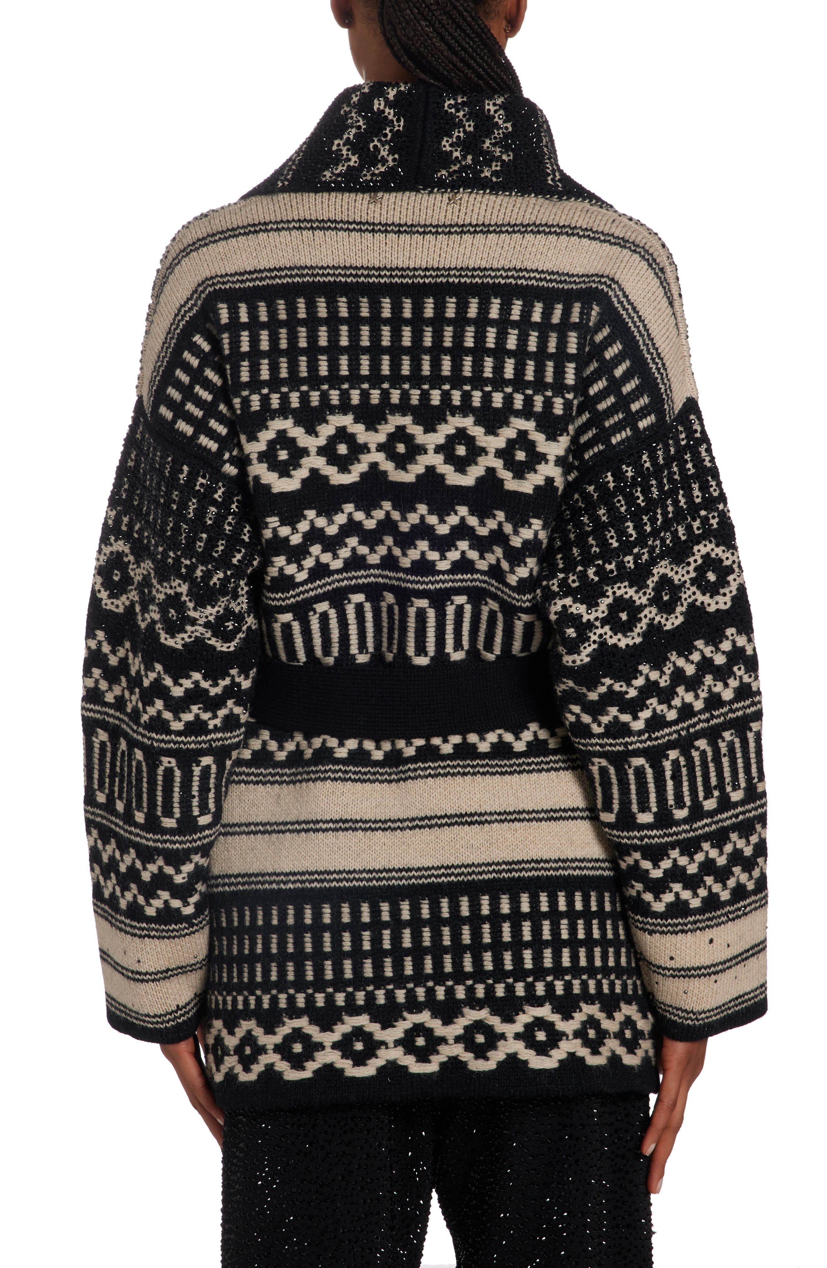 Golden Goose Studded Nordic Jacquard Wool Wrap Cardigan in Black/Ecru at Nordstrom - 3