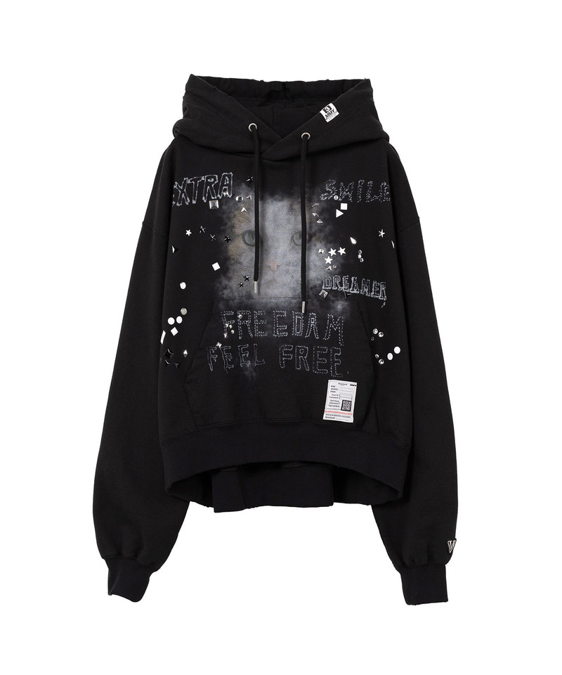 Cat Printed Embellished Distressed Hoodie 17