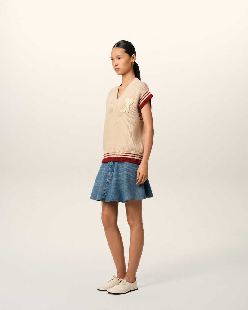 BEIGE WOOL RIBBED SLEEVELESS V NECK SWEATER 6