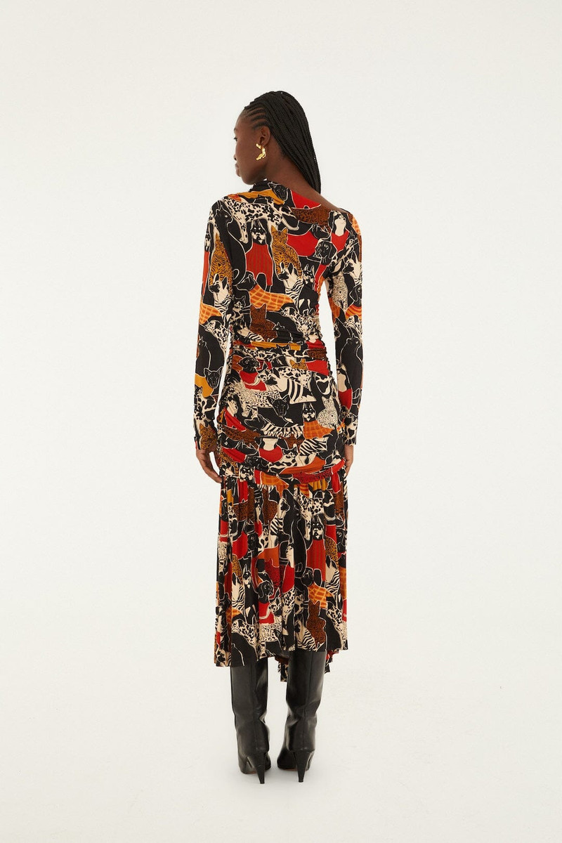 Multicolor Cats And Dogs Long Sleeve Draped Midi Dress 3
