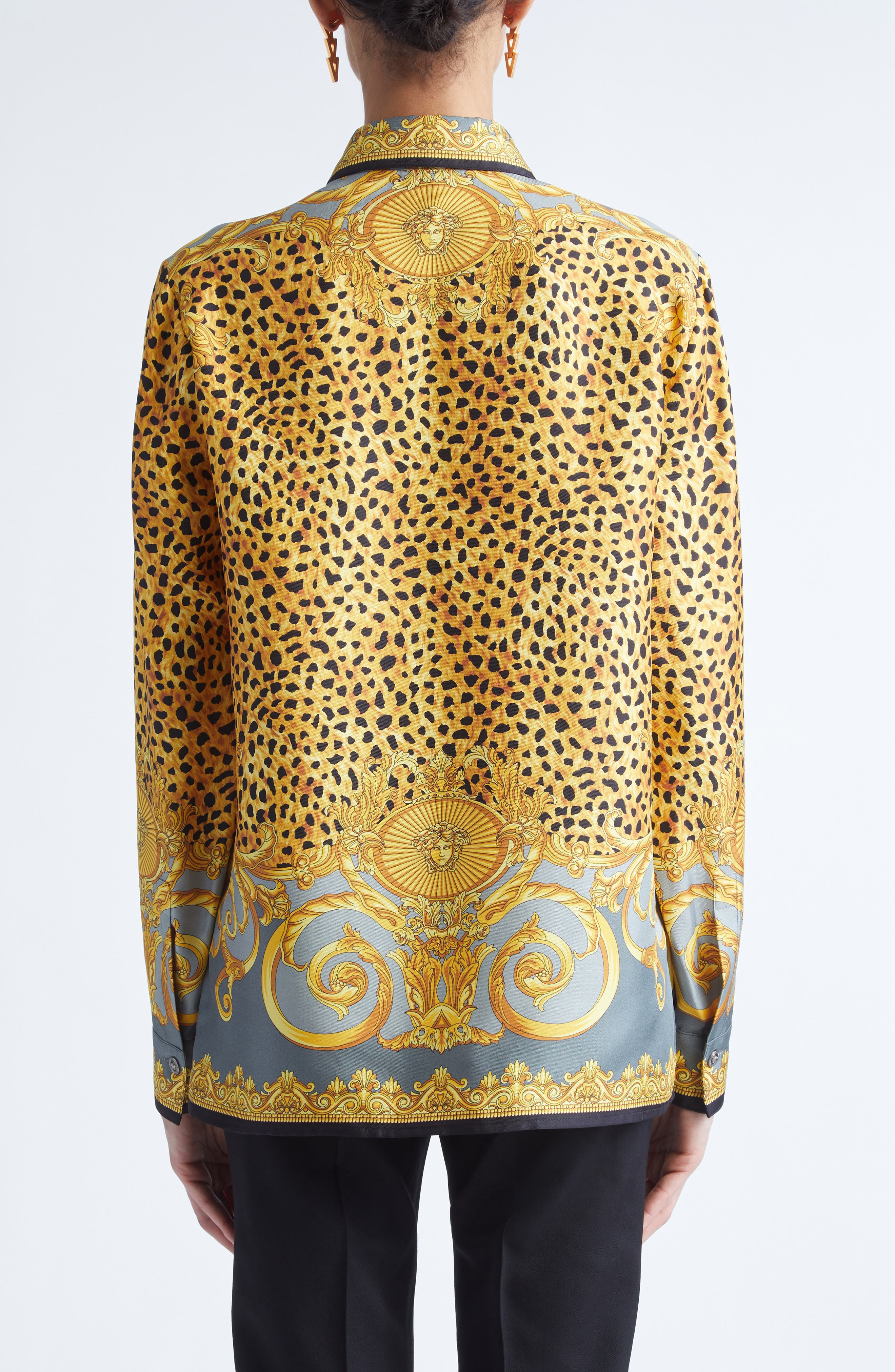 Versace Formal Cheetah Barocco Print Silk Button-Up Shirt in Light Grey Elephant Grey at Nordstrom - 3