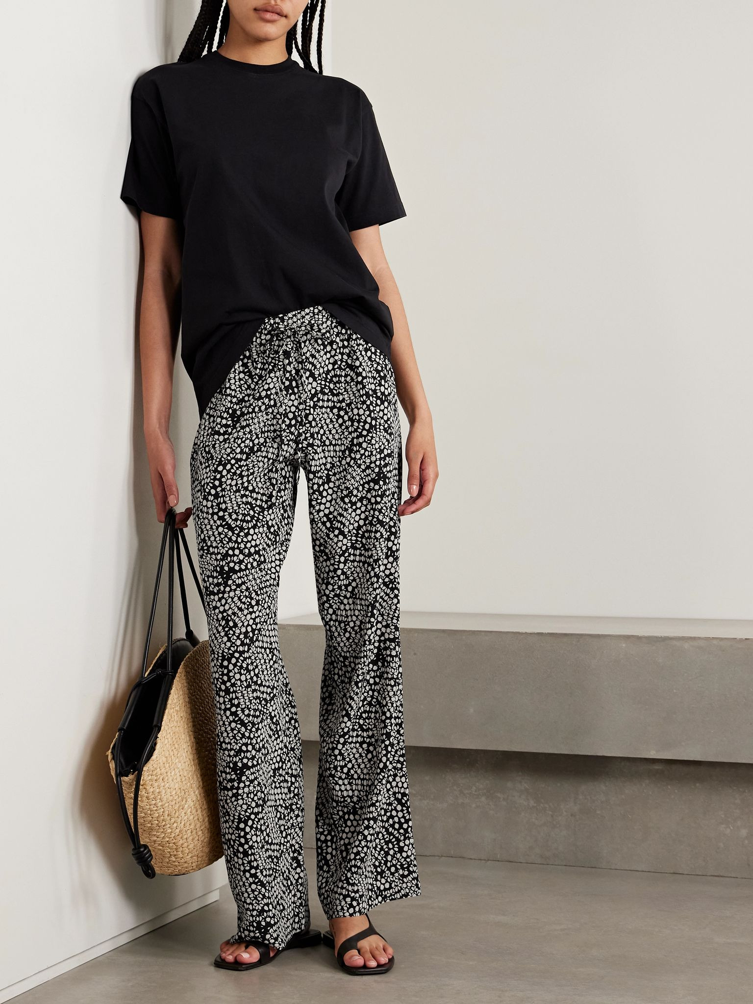 Polka-dot silk crepe de chine track pants Black - 2