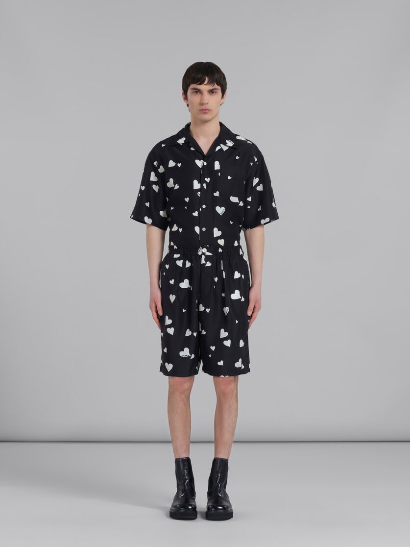 Marni BLACK SILK SHORTS WITH BUNCH OF HEARTS PRINT | REVERSIBLE
