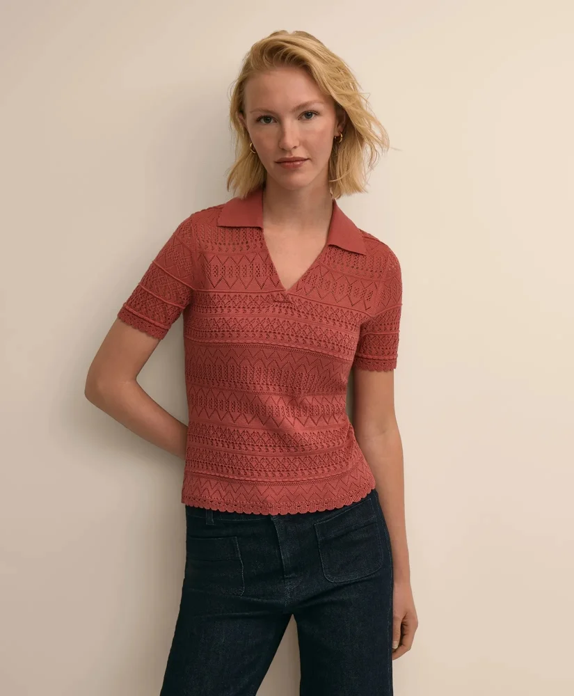 Silk-Cotton Short-Sleeve Johnny Collar Pointelle Sweater - 1
