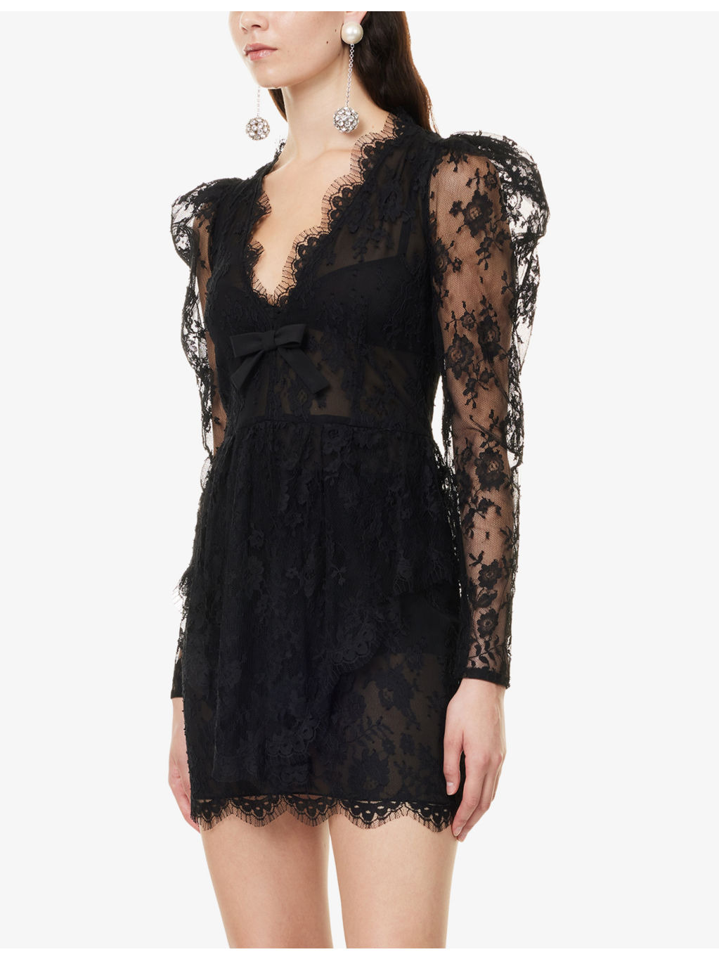 V-Neck Puffed-Shoulders Lace Mini Dress - 3