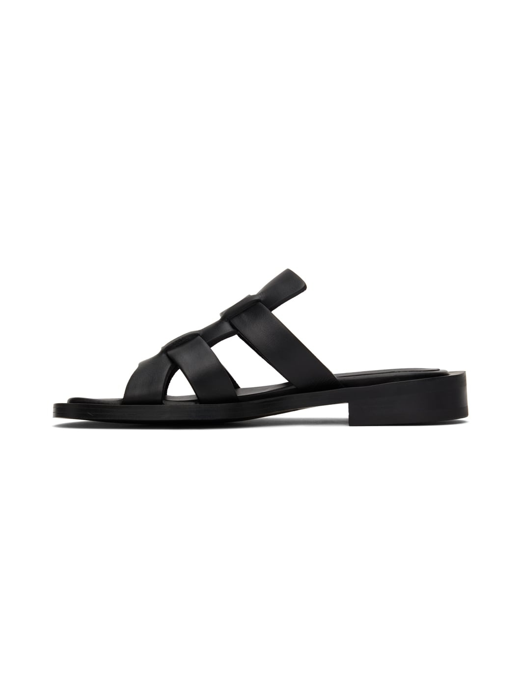 Black Leather Flat Sandals - 3
