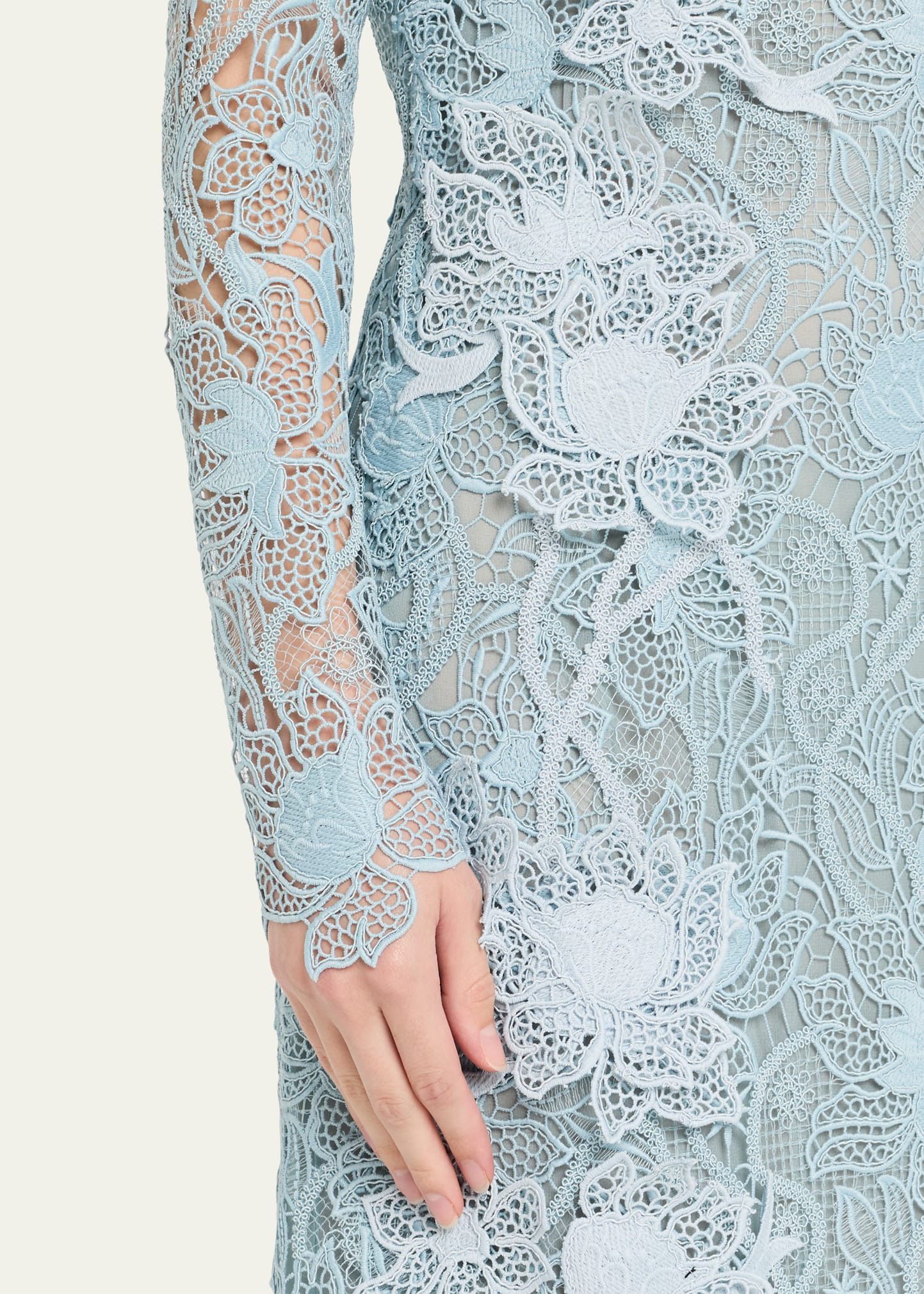 Long-Sleeve Corded Botanical Guipure Gown - 5