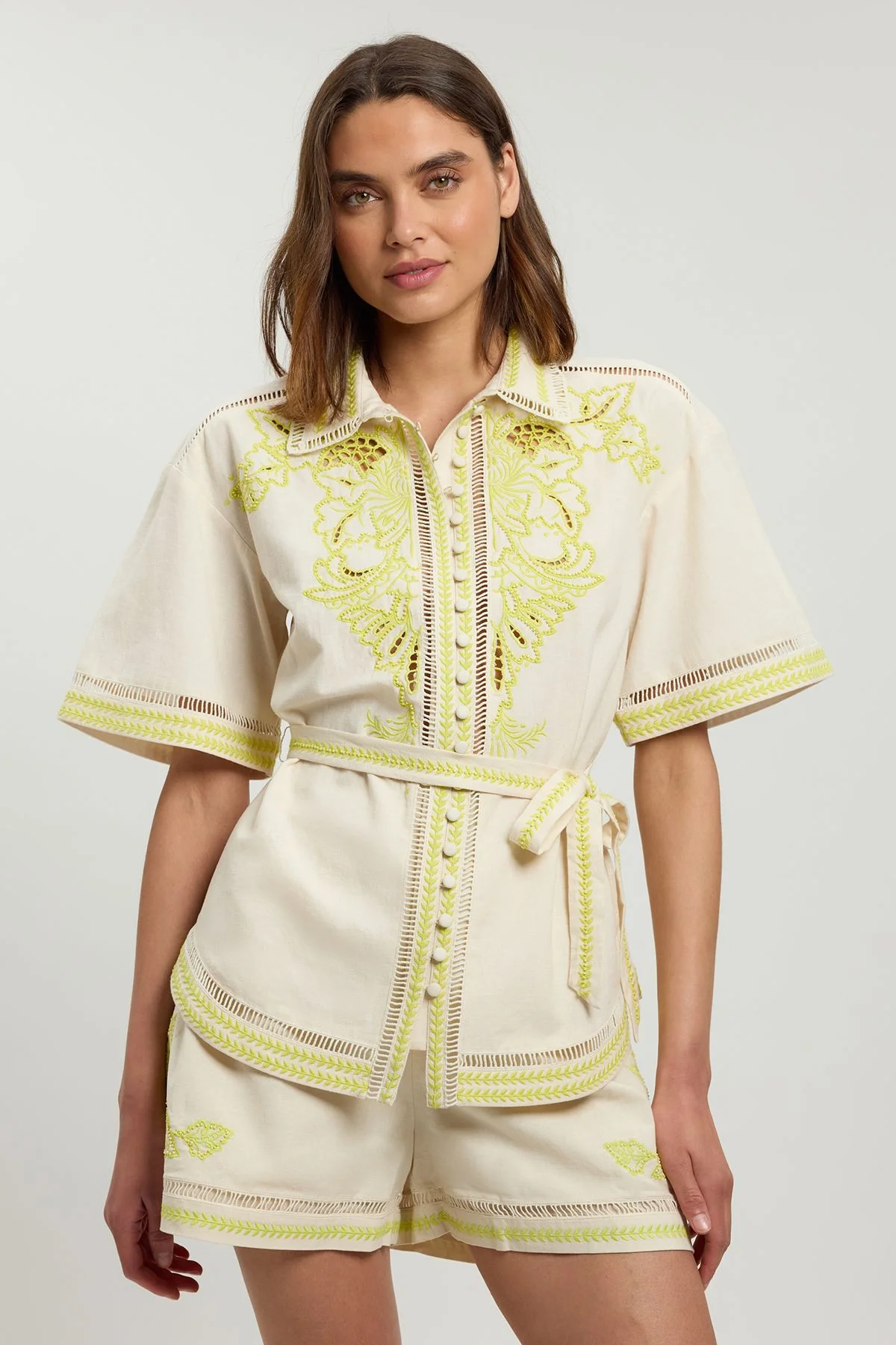 Linen Blend Beaded Embroidery Short Co ord - 1
