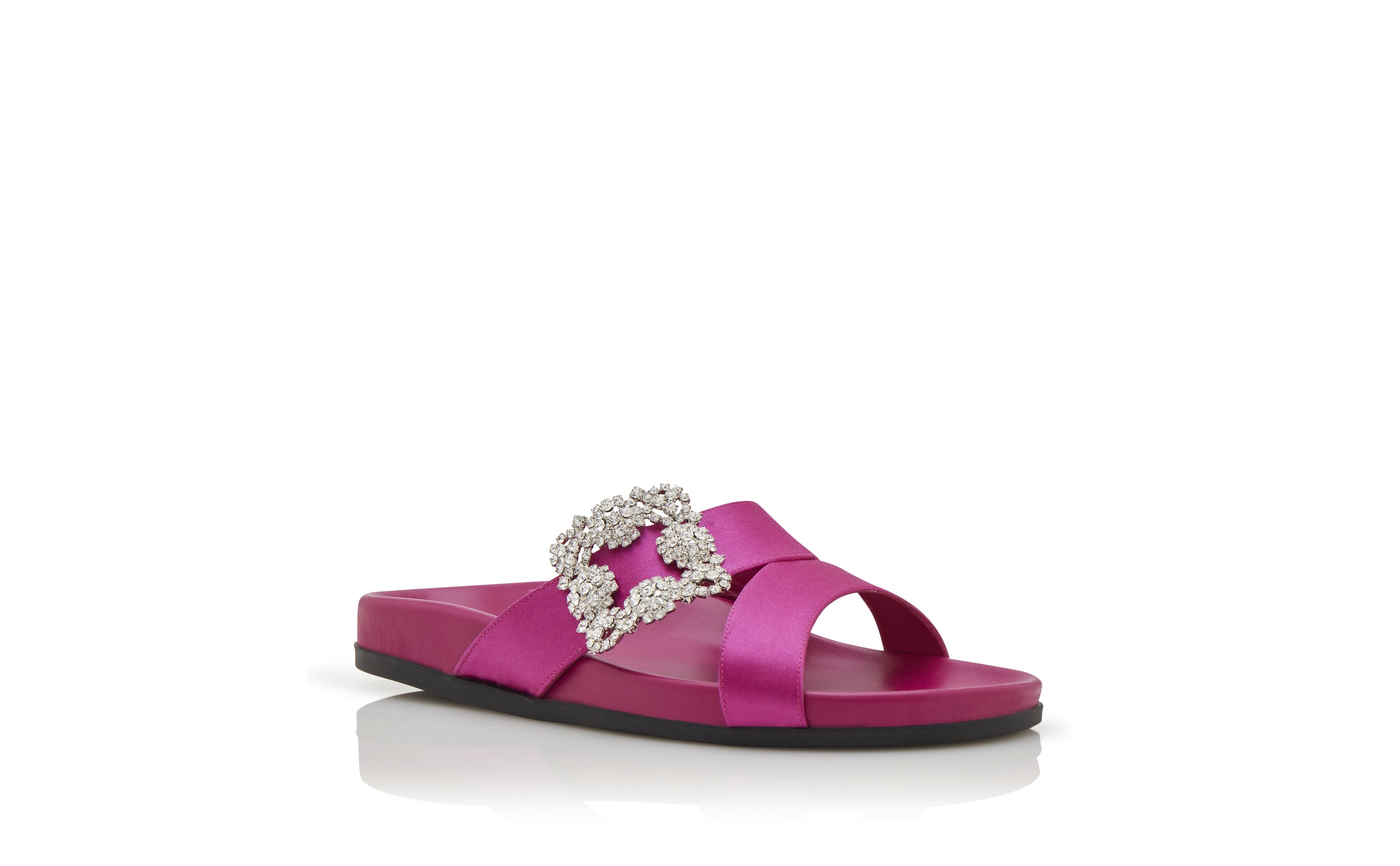 Fuchsia Satin Jewel Buckle Flat Mules - 3