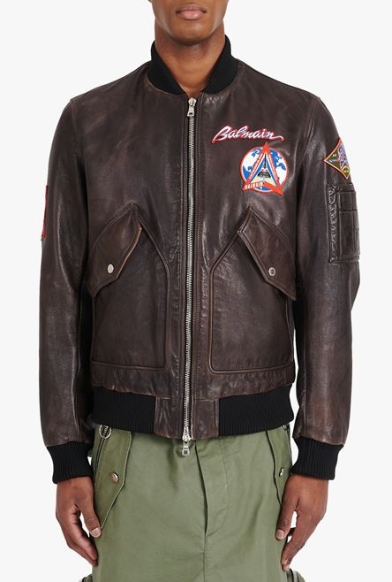 Brown leather teddy jacket with Balmain badges - 5