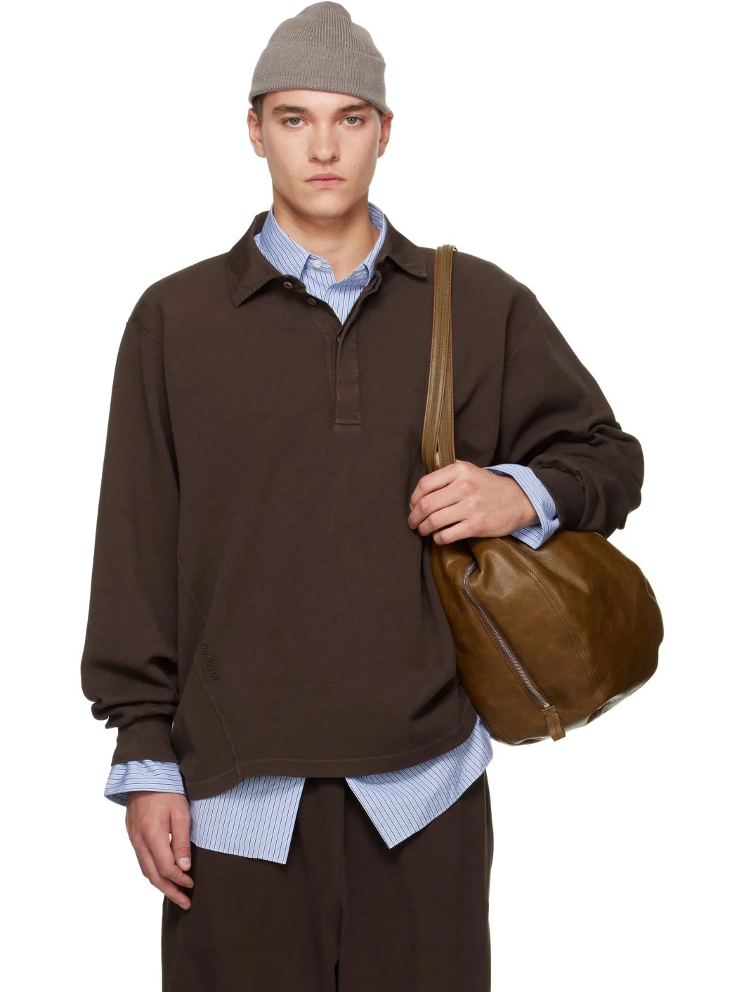 Brown Cotton Long Sleeve Polo - 1