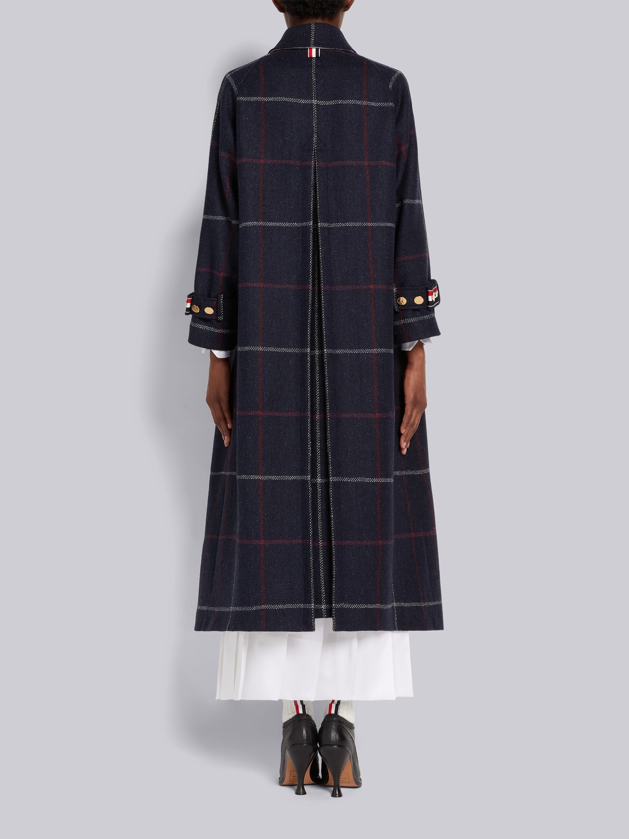 Navy Herringbone Windowpane British Wool Toggle Closure Raglan Sleeve Duffle Overcoat - 3