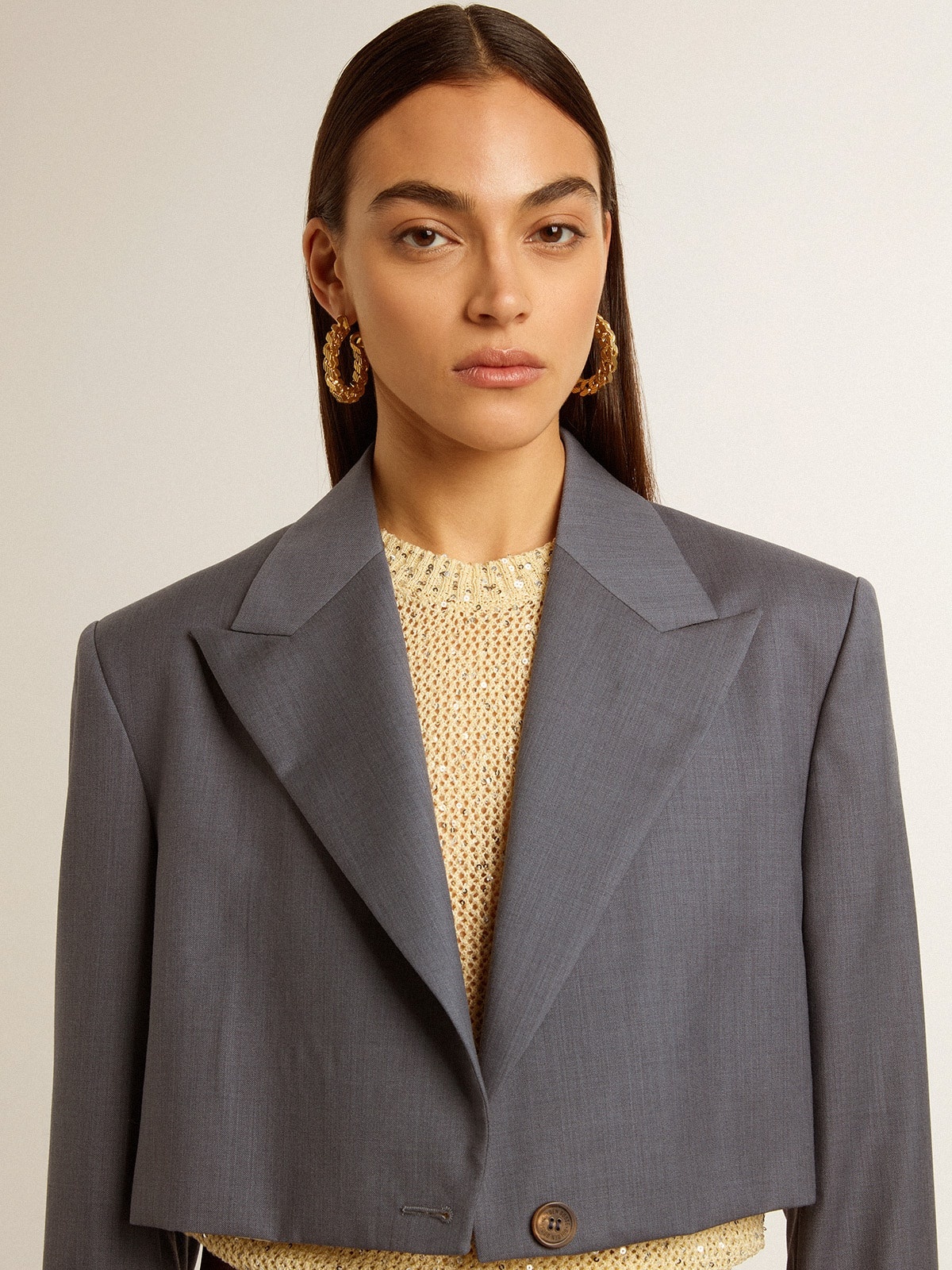 Women's single-breasted cropped jacket in baby blue wool - 5