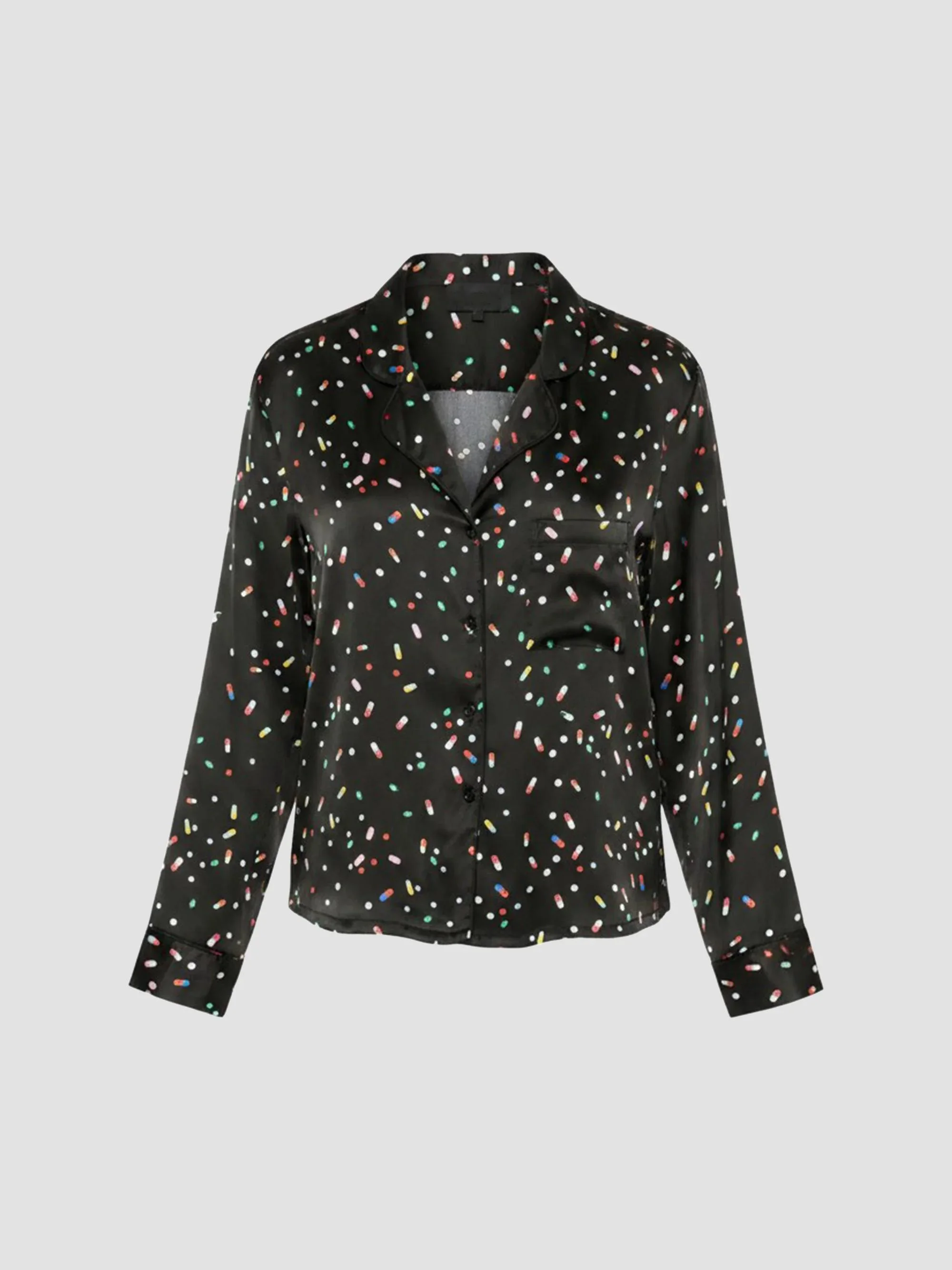 Women's Pill Print Silk Button-Front Pajama Shirt - Black Multi - 1