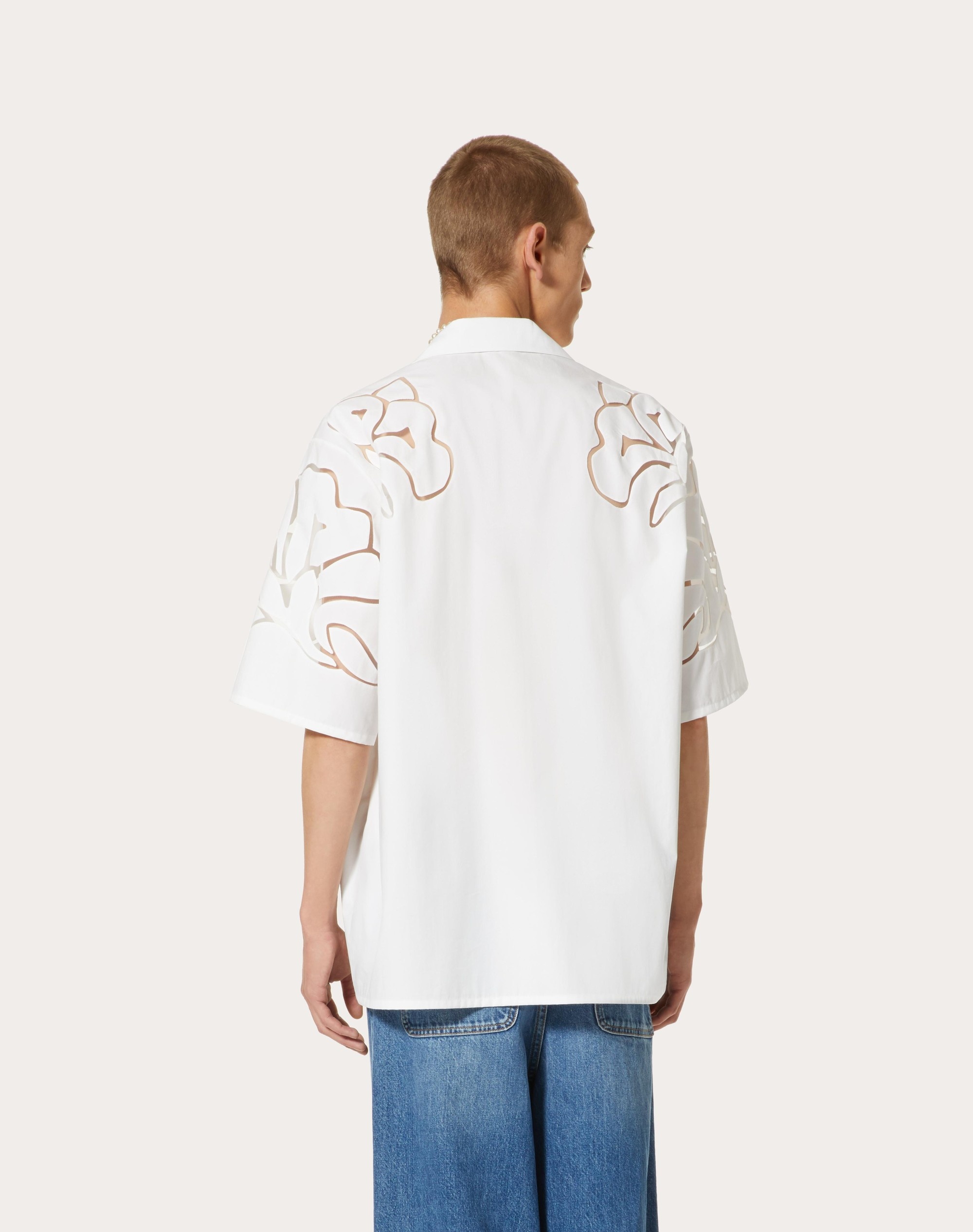 COTTON POPLIN BOWLING SHIRT WITH FLORAL CUT-OUT EMBROIDERY - 4