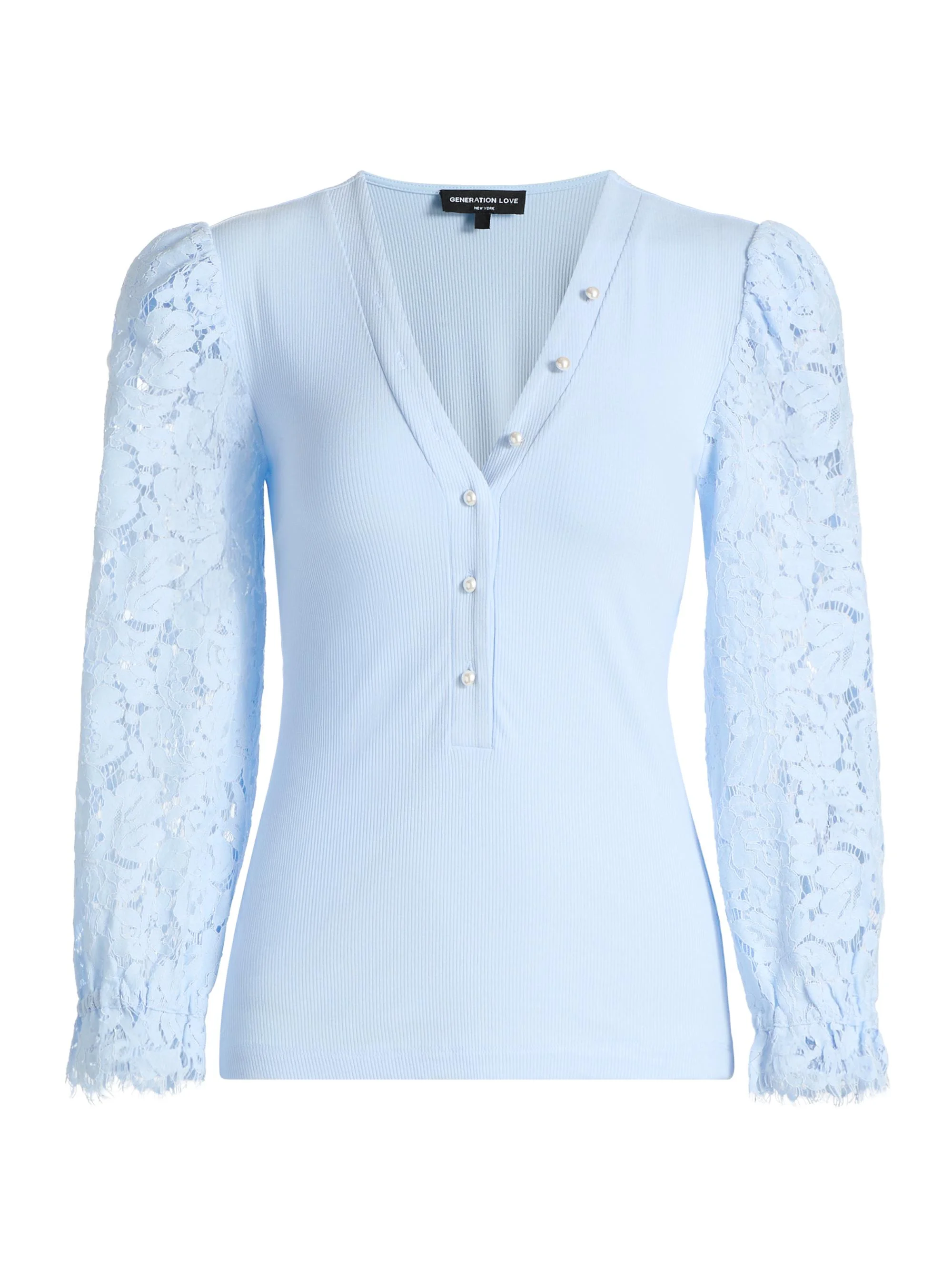 Women's Mckenna Puff-Sleeve Lace Henley - Light Blue - 1