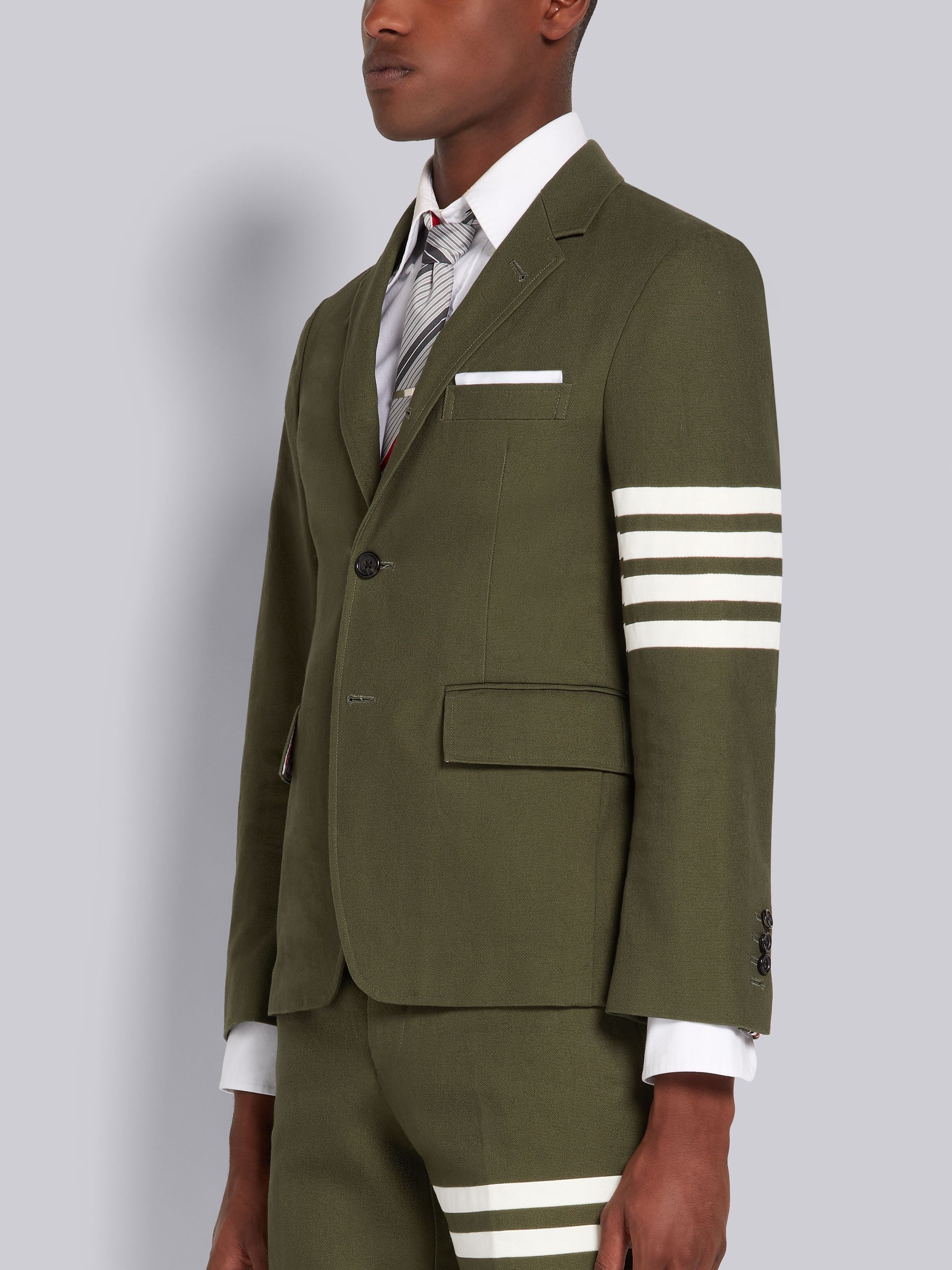 Dark Green Washed Cotton Canvas Seamed 4-Bar Stripe Unconstructed Classic Sport Coat - 2