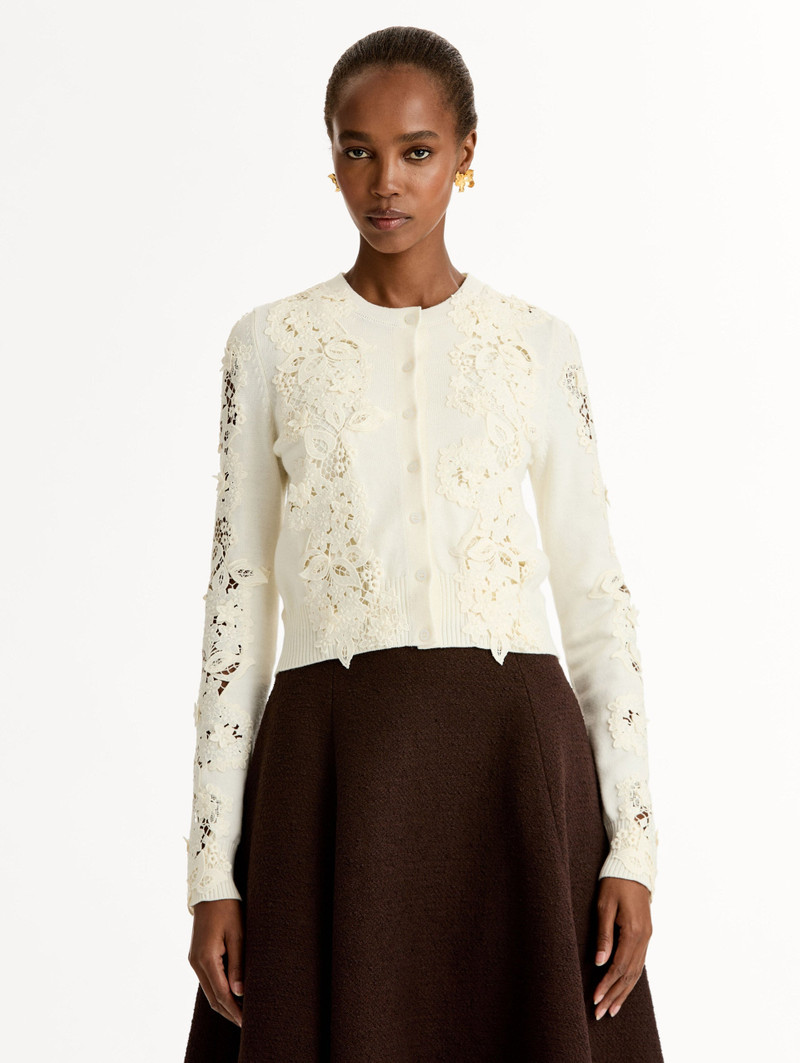 Oscar de la Renta PORCELAIN FLOWER GUIPURE INSERT CARDIGAN outlook