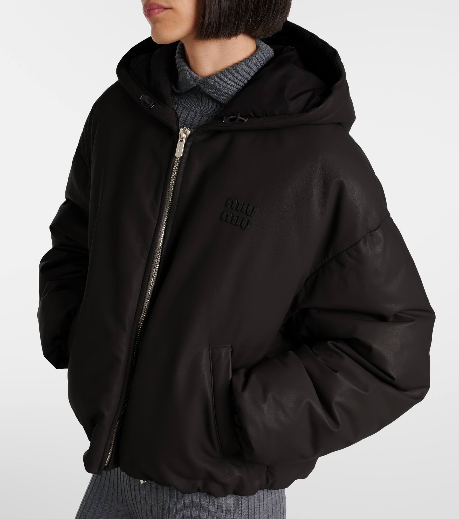 Logo leather puffer jacket - 4
