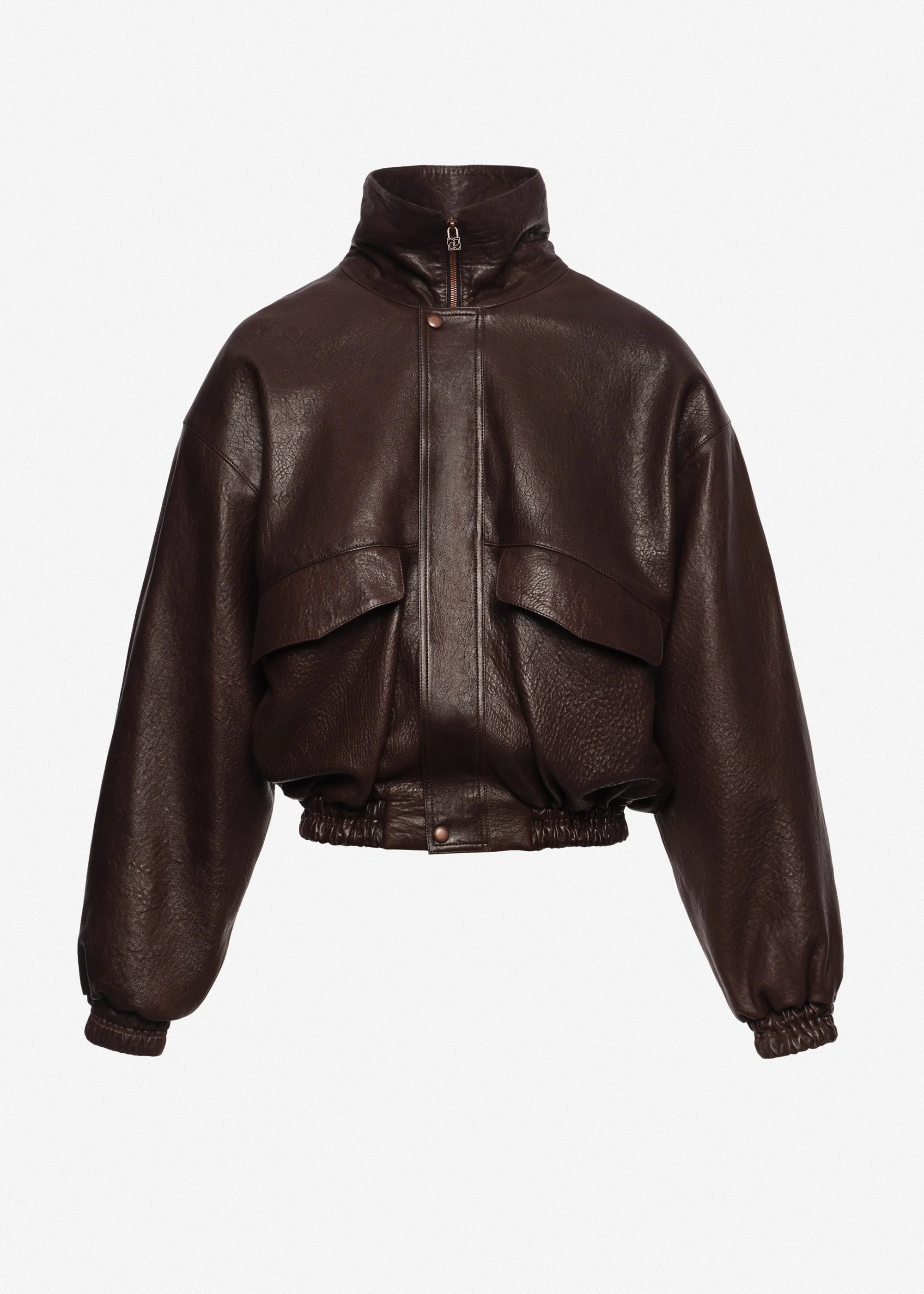 Stand collar leather jacket in dark brown - 1