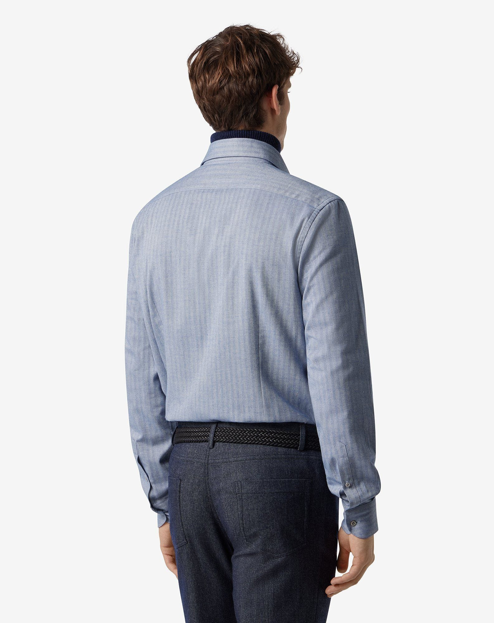 Blue and beige cotton flannel shirt with herringbone pattern - 3