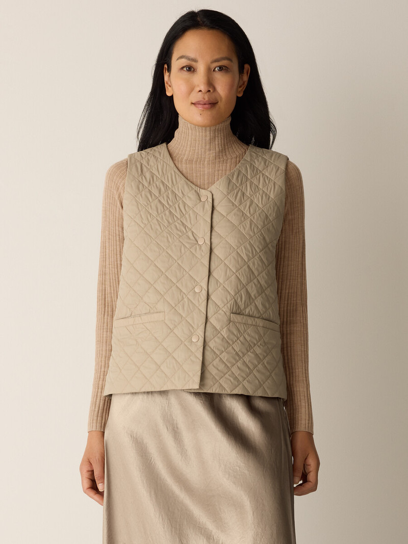 EILEEN FISHER Eggshell Recycled Nylon Quilted V-Neck Vest outlook