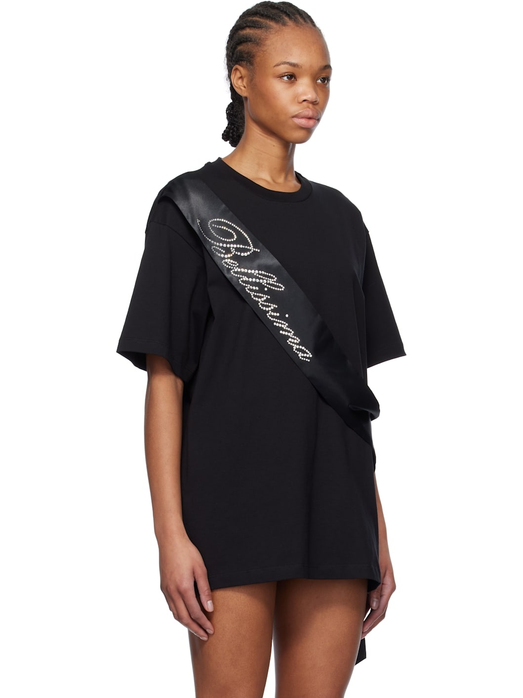 Black Satin Band Rhinestone Embroidery T-shirt - 2