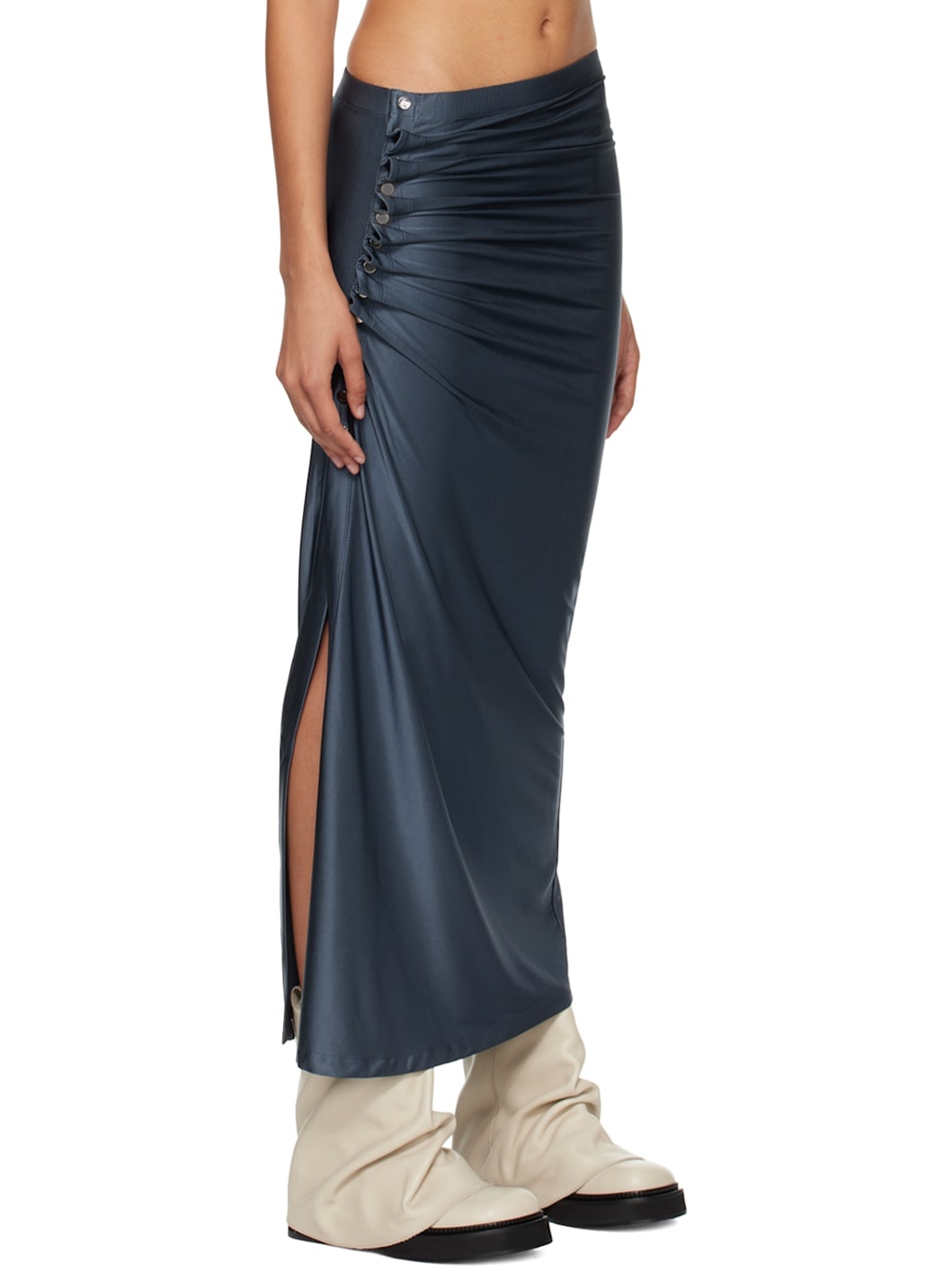 Gray Drapé Pression Midi Skirt - 2