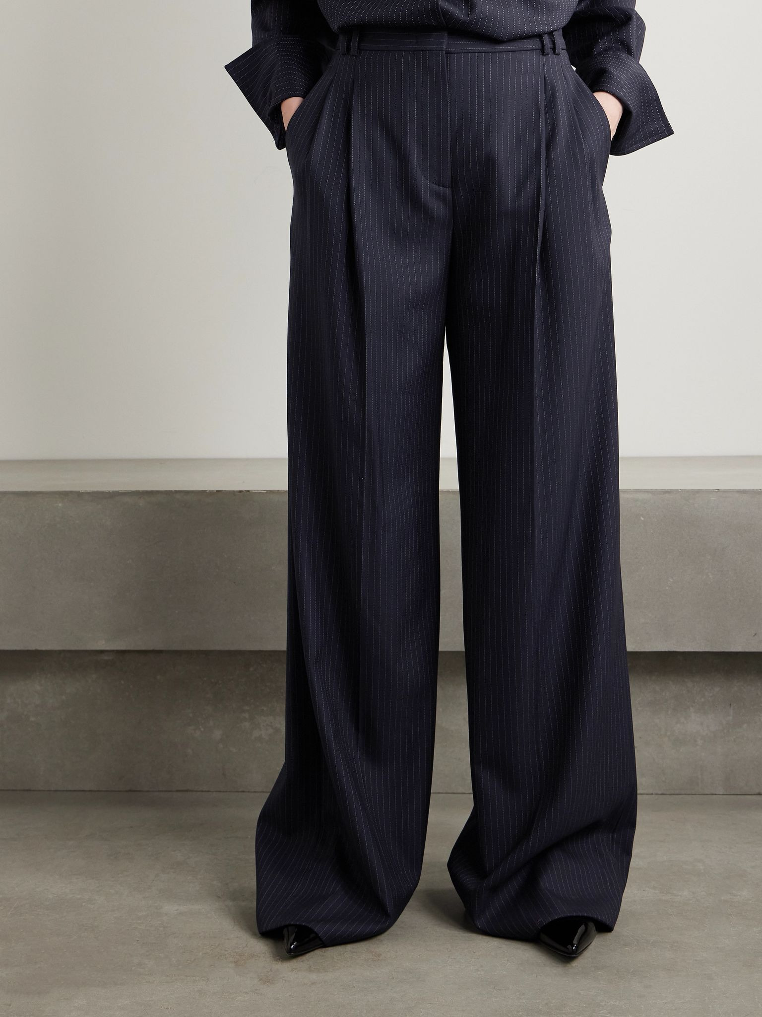 Pleated pinstriped wool-blend wide-leg pants Navy - 3