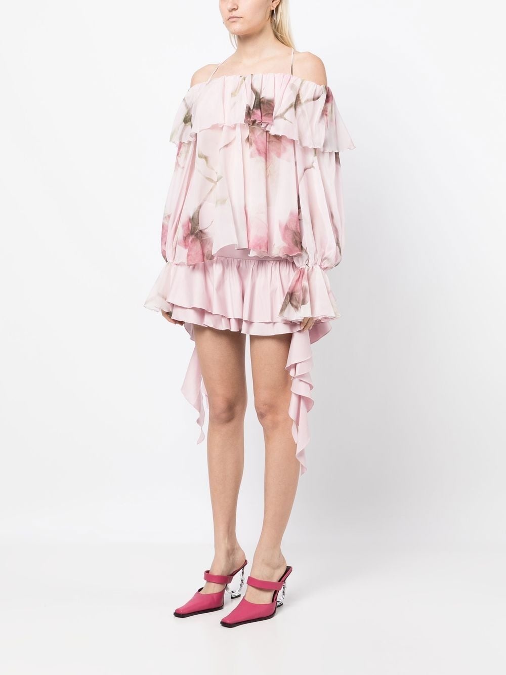 Bardot-neckline ruffled blouse - 3