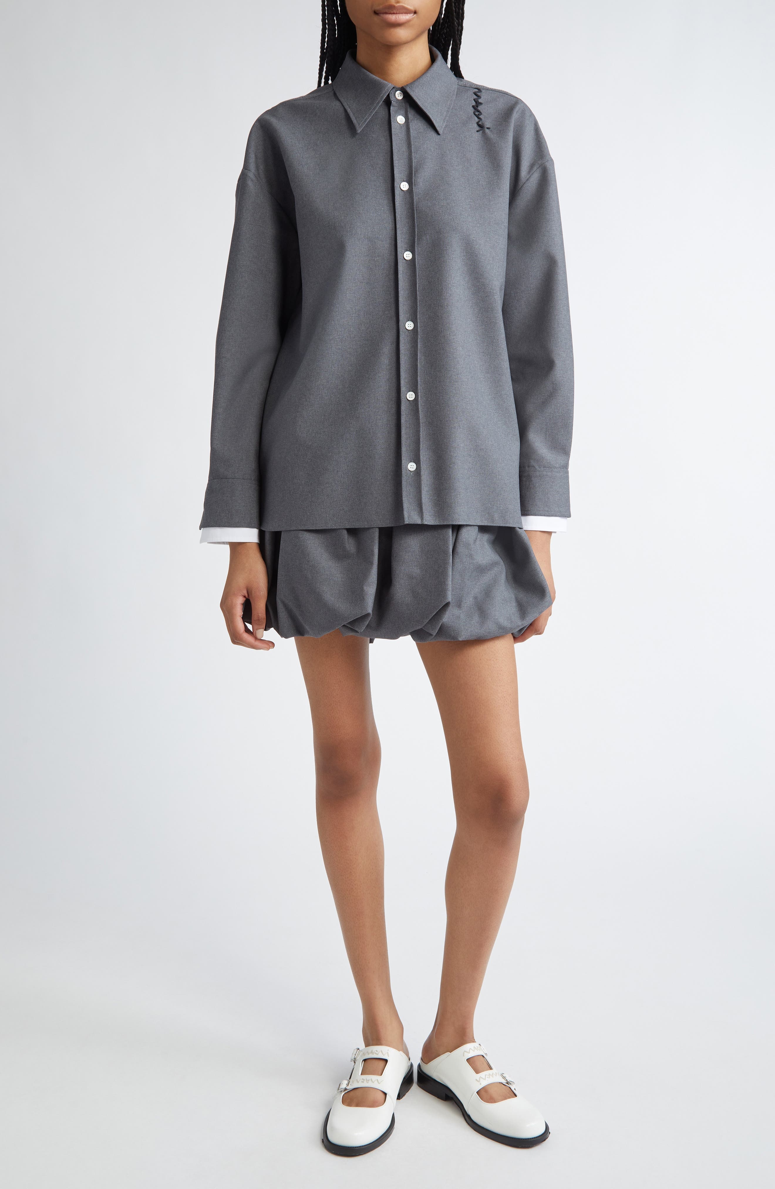 Marni Logo Embroidered Oversize High-Low Button-Up Shirt in Graphite/Black at Nordstrom - 2