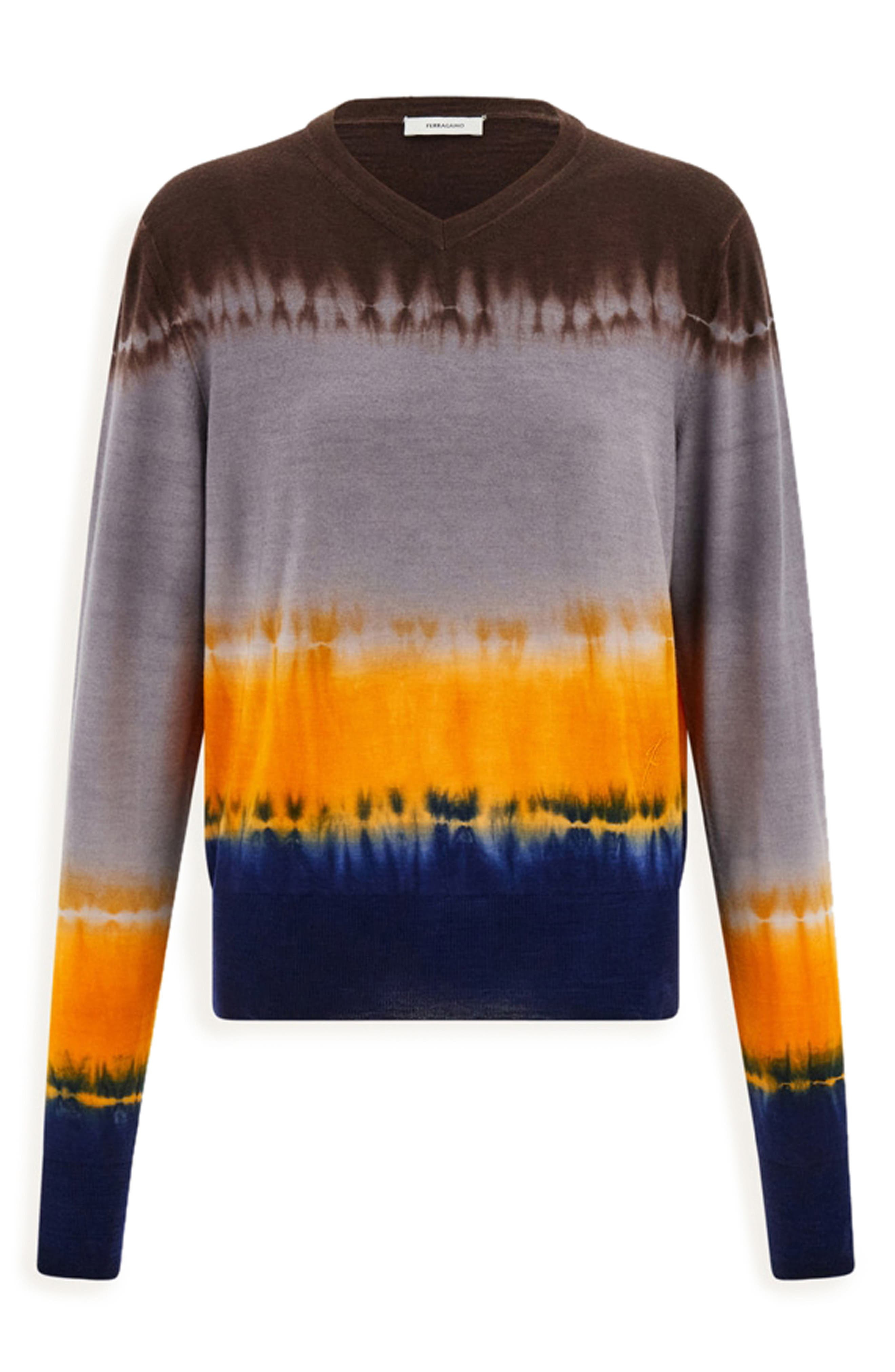 FERRAGAMO Virgin Wool V-Neck Sweater in Expres Gray/Turmeric at Nordstrom - 1